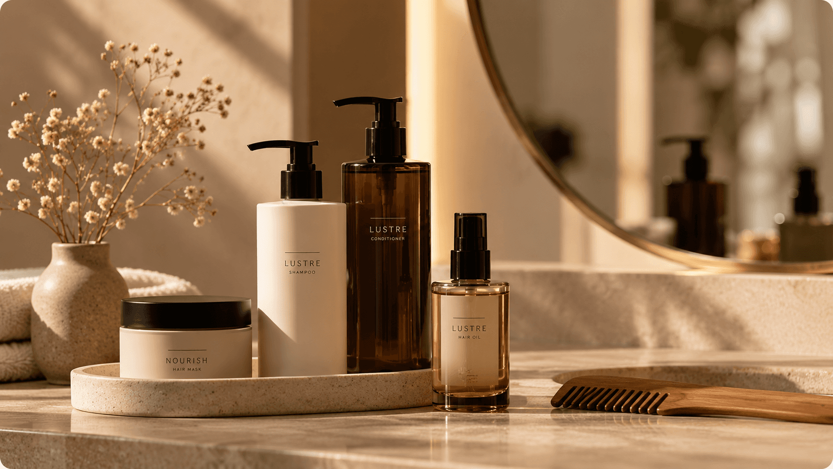 Professional hair care products on a warm stone shelf