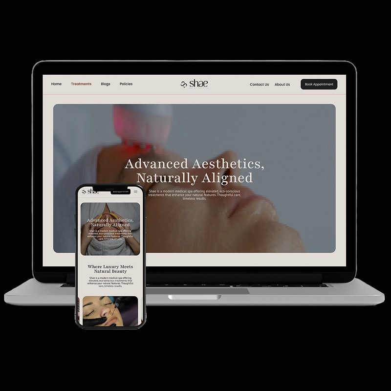 Laptop and smartphone displaying the Shae Medical Aesthetics website homepage with the tagline 'Advanced Aesthetics, Naturally Aligned,' featuring a blurred image of a cosmetic treatment and sections on luxury meeting natural beauty.