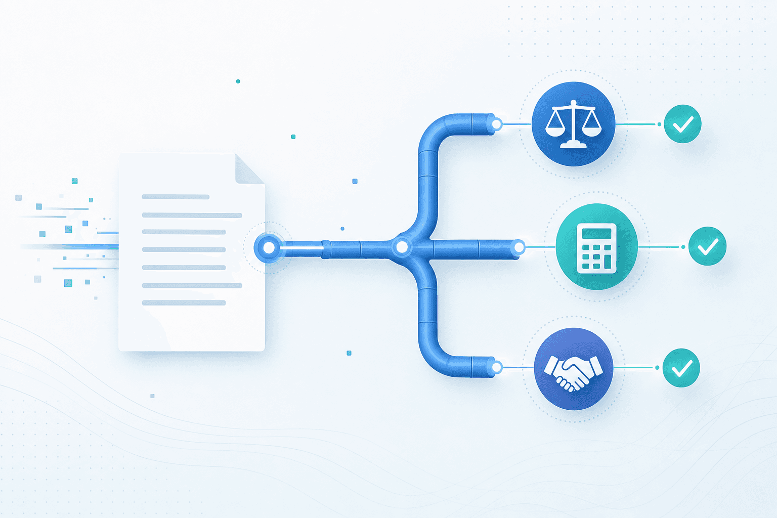 A sleek, modern illustration of a contract document flowing through a structured pipeline with interconnected nodes representing legal, finance, and sales teams. Abstract icons show a document entering from the left, being automatically tagged and routed through glowing connection lines to different stakeholder icons, with checkmarks appearing at each node. Clean flat design with a professional blue and teal color palette on a light background, no people, no text, no labels.