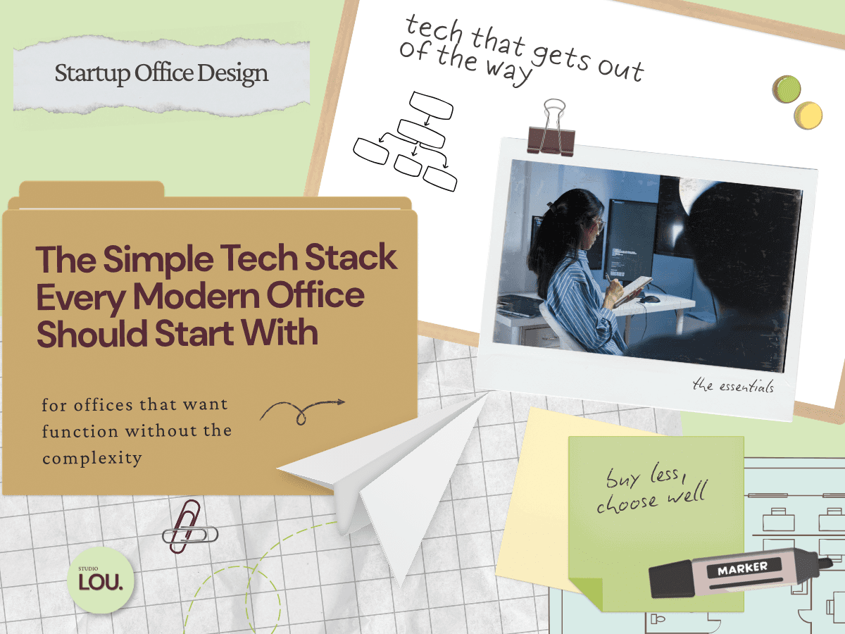 Papercraft-style blog header with a manila folder titled The Simple Tech Stack Every Modern Office Should Start With, grid paper background, dry erase board with org chart doodle, polaroid photo of a person working at a multi-monitor desk setup clipped with a binder clip, paper airplane, sage green sticky note, floor plan illustration, and marker.