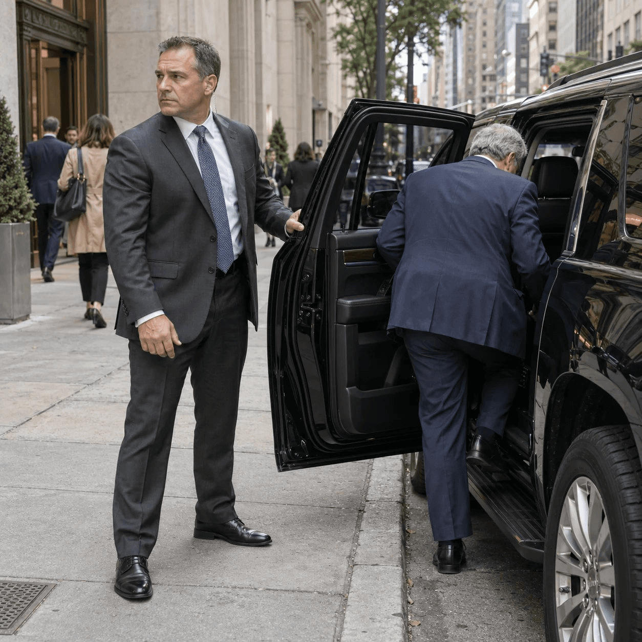 Ares protection agent opening the car door for a client outside a Manhattan office