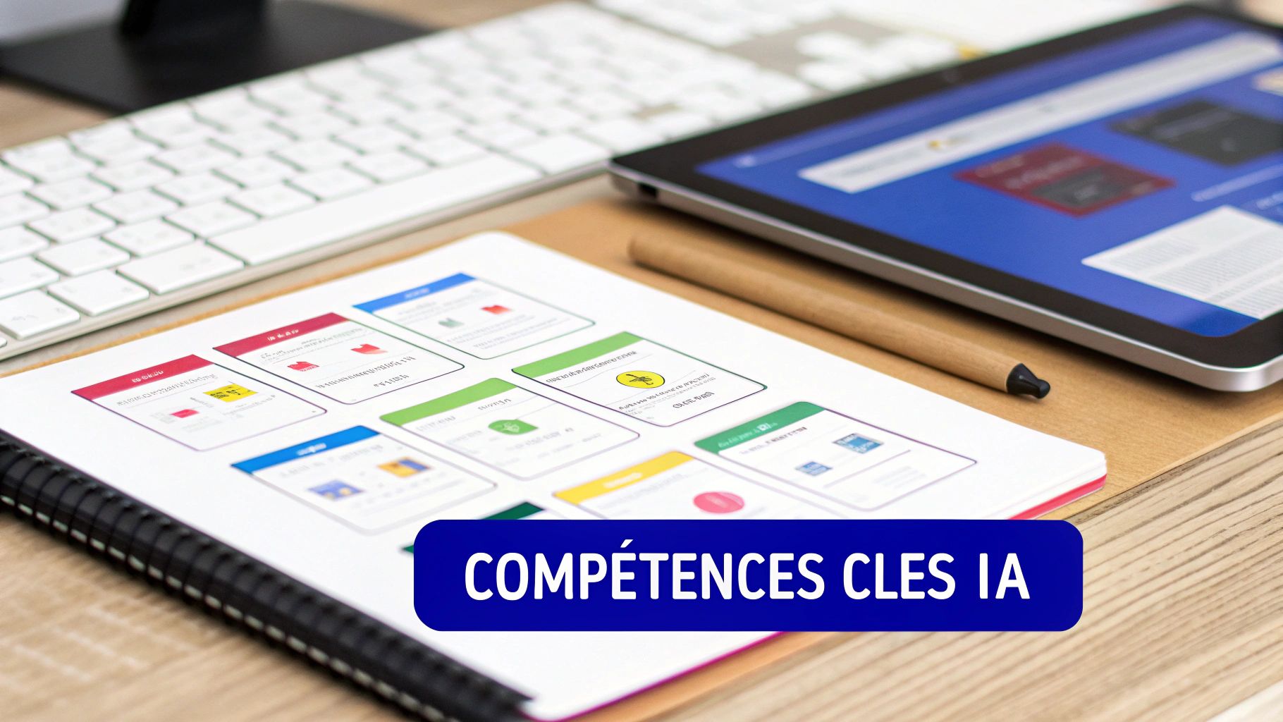 Un bureau moderne avec un clavier, une tablette et un document affichant des compétences clés en IA.