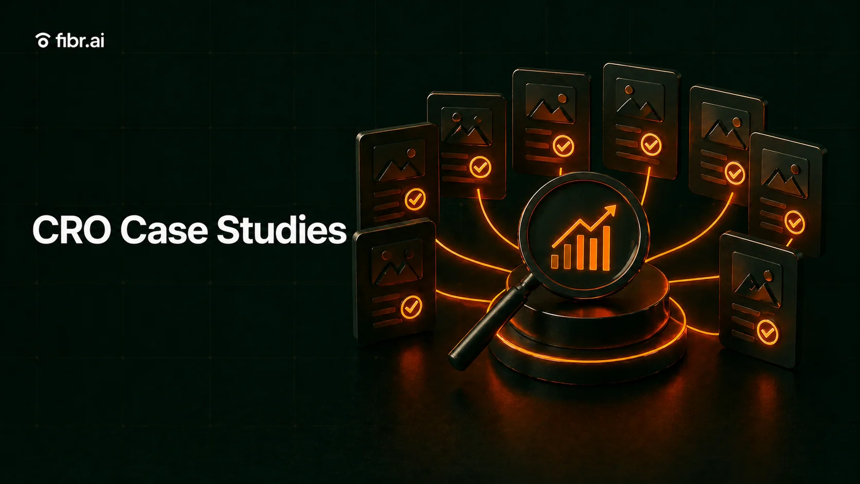 CRO case studies visualization showing multiple optimized landing page variants connected to a central growth chart, highlighting data-driven insights and proven conversion improvements.
