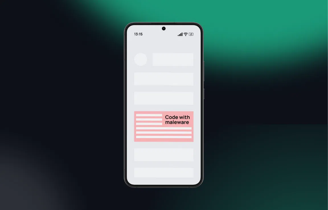 Illustration of a smartphone screen displaying an app with highlighted code labeled ‘Code with malware,’ symbolizing malicious apps hidden on mobile devices.