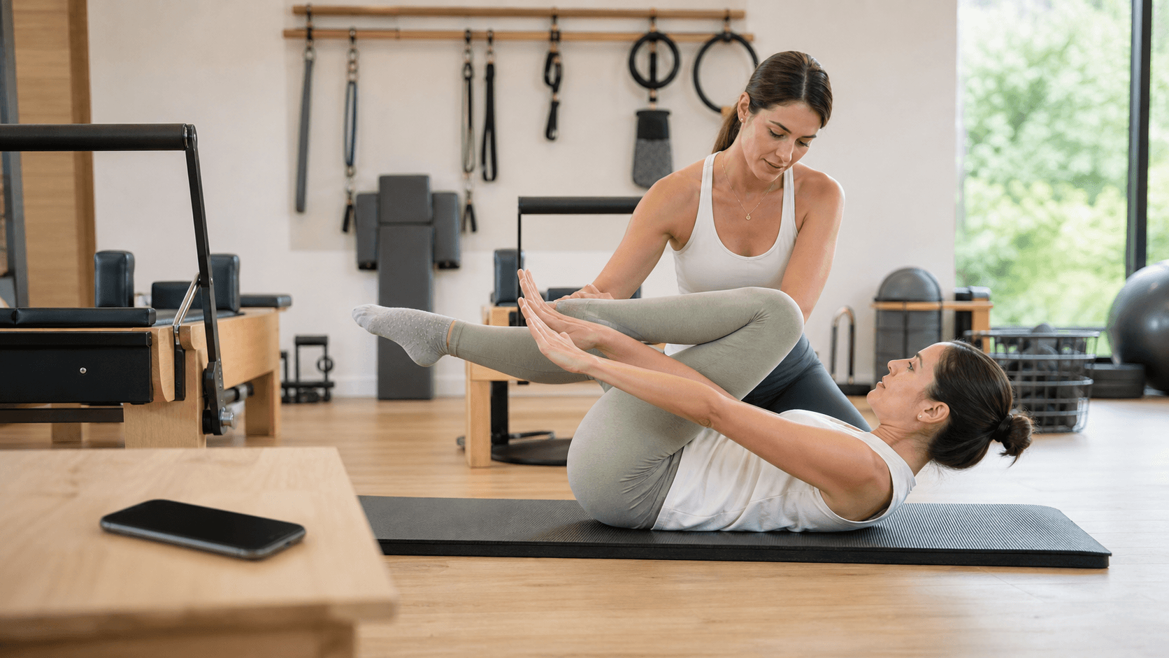 Instructrice de pilates guidant une cliente, accessoires prêts et téléphone éteint.