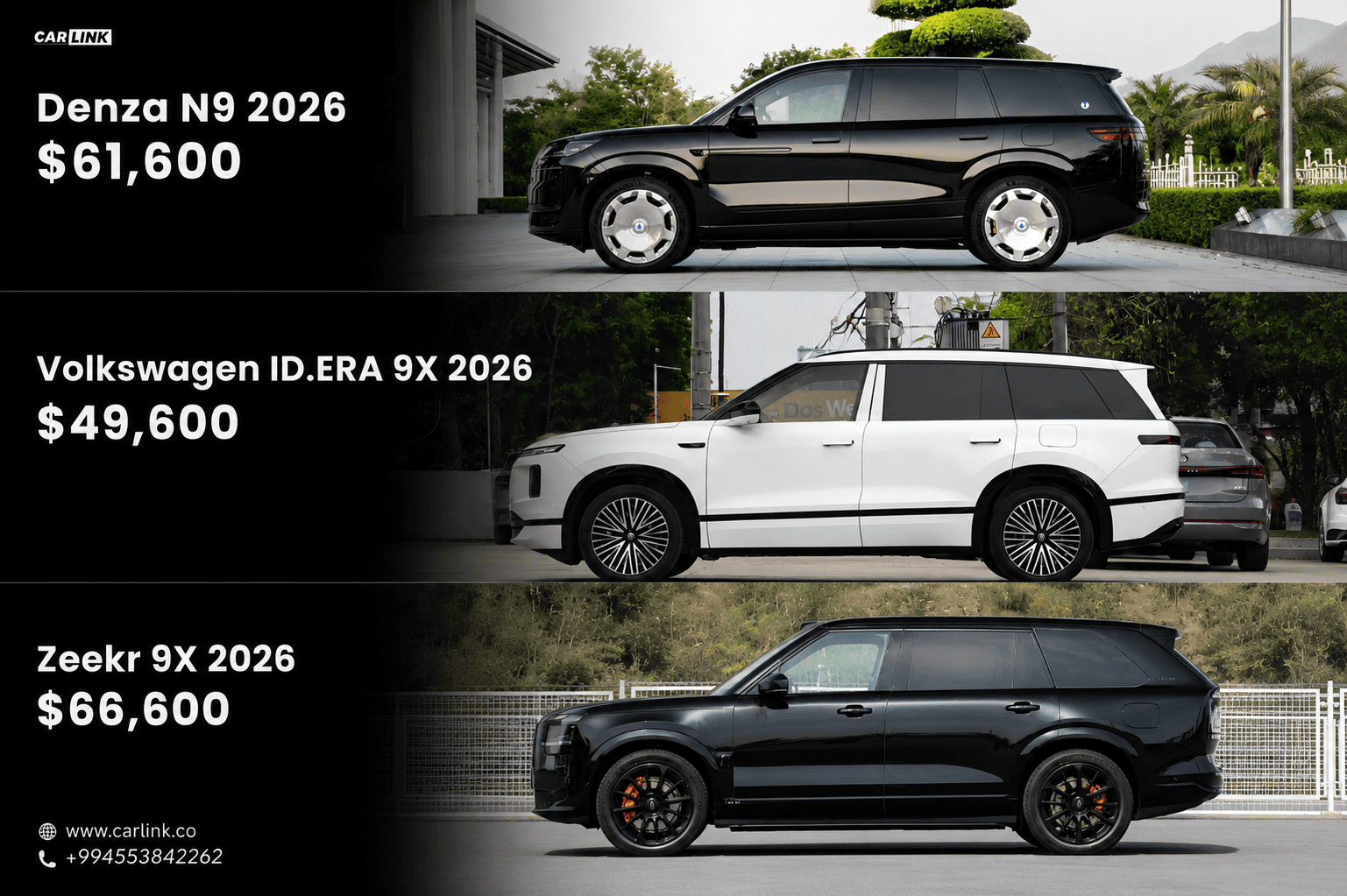 Denza N9, Volkswagen ID.ERA 9X və Zeekr 9X modellərinin qiymət müqayisəsi