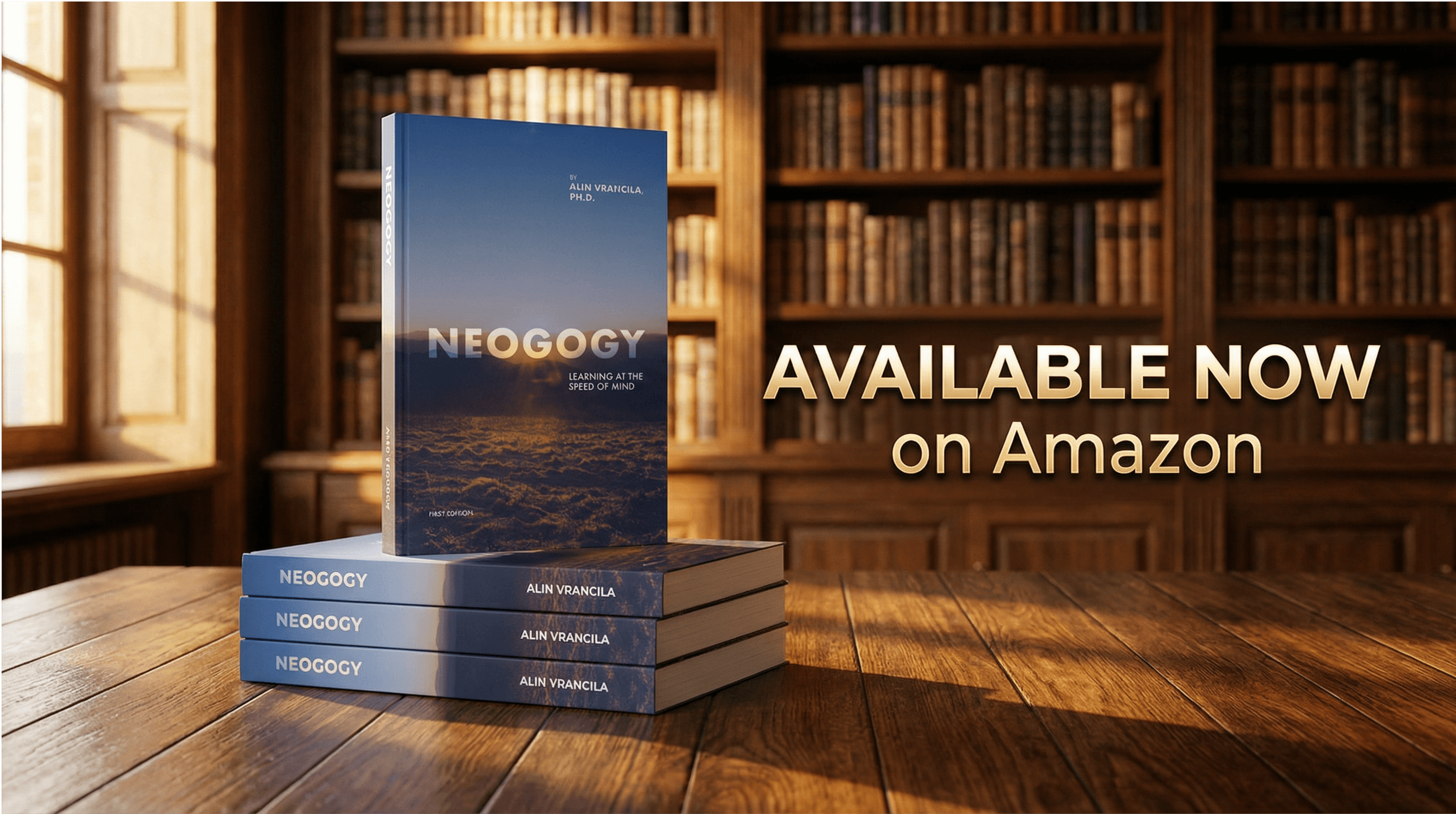 the Neogogy: Learning at the Speed of Mind book sitting on a pile of other books on a table with a text that says Available on Amazon