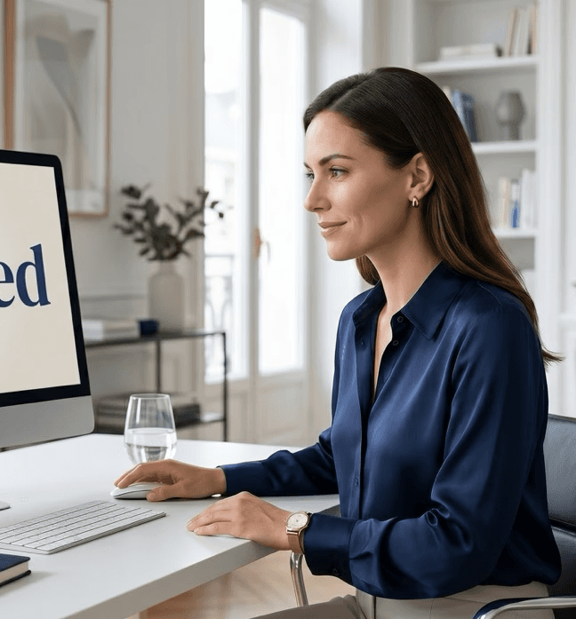 Une médecin experte assise devant son mac avec "Leximed" écrit sur l'écran