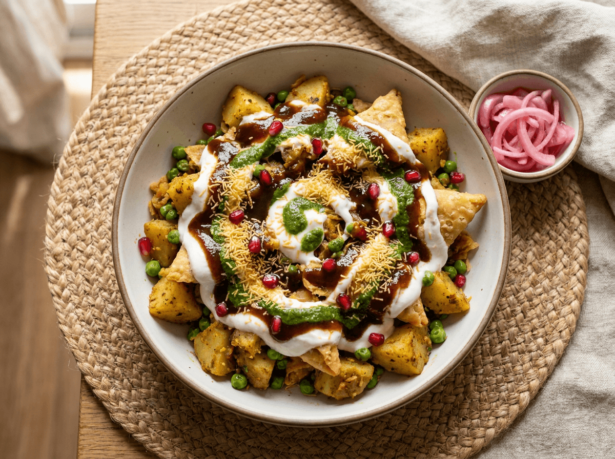 Deconstructed samosa bowl with spiced potatoes, chutneys, and crispy sev topping