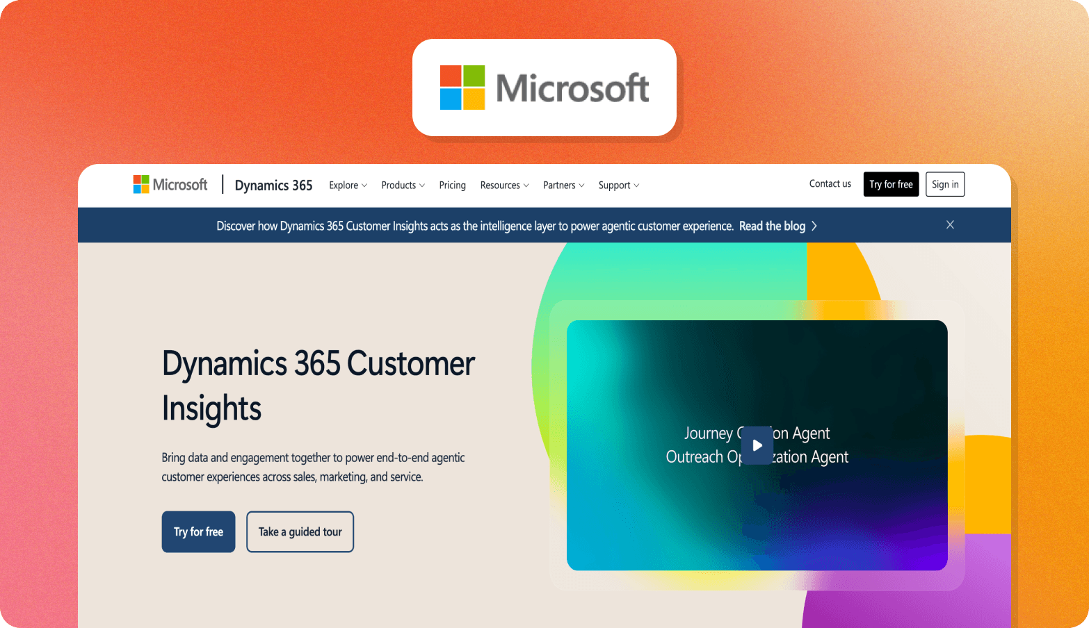 Microsoft Dynamics 365 Customer Insights product page with headline "Dynamics 365 Customer Insights" and a video thumbnail reading "Journey Orchestration Agent, Outreach Optimization Agent."