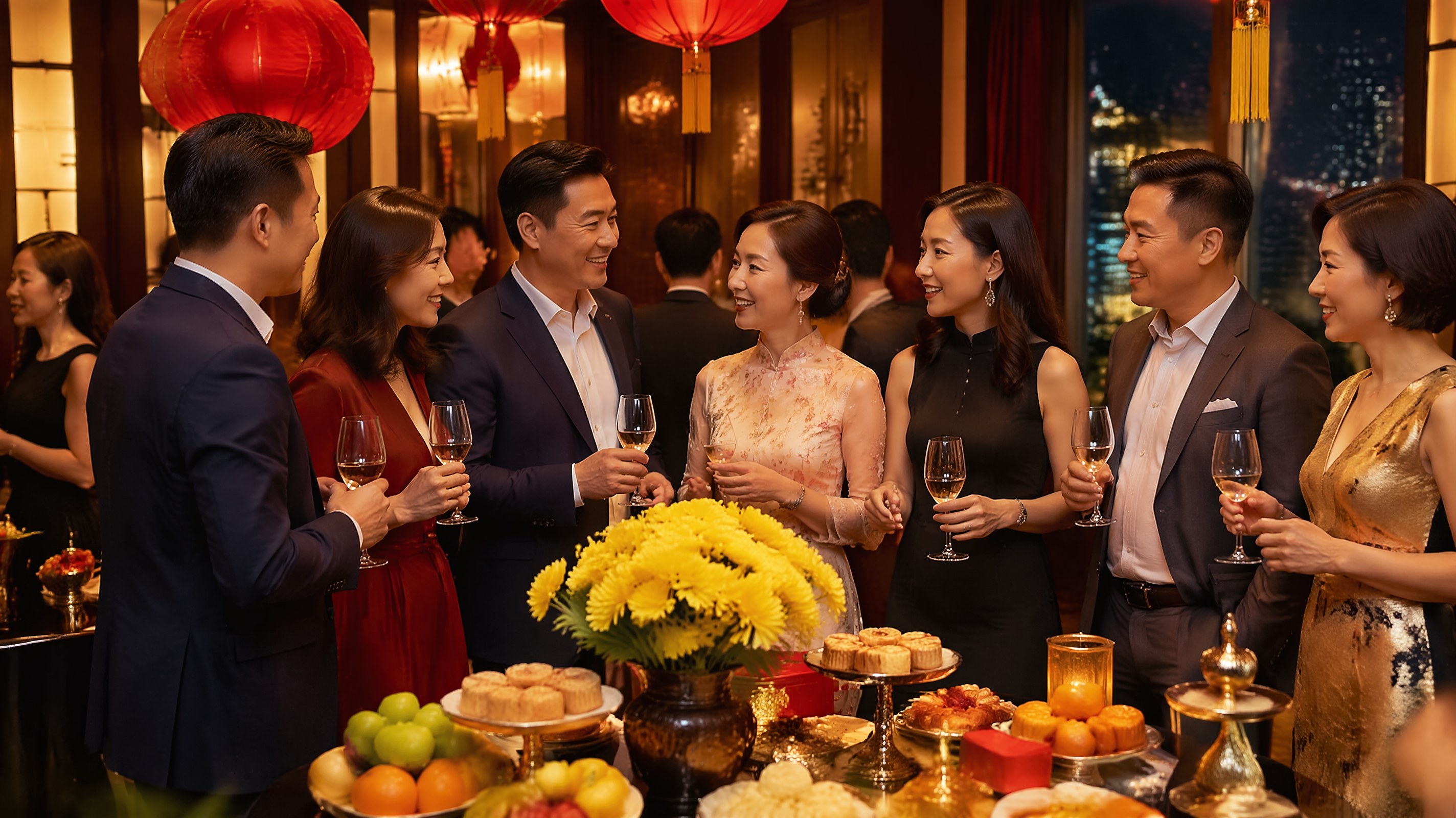 香港高級私人派對及商務聚會,賓客於掛有紅燈籠的奢華宴會廳慶祝中秋,場內備有精緻月餅及美酒。