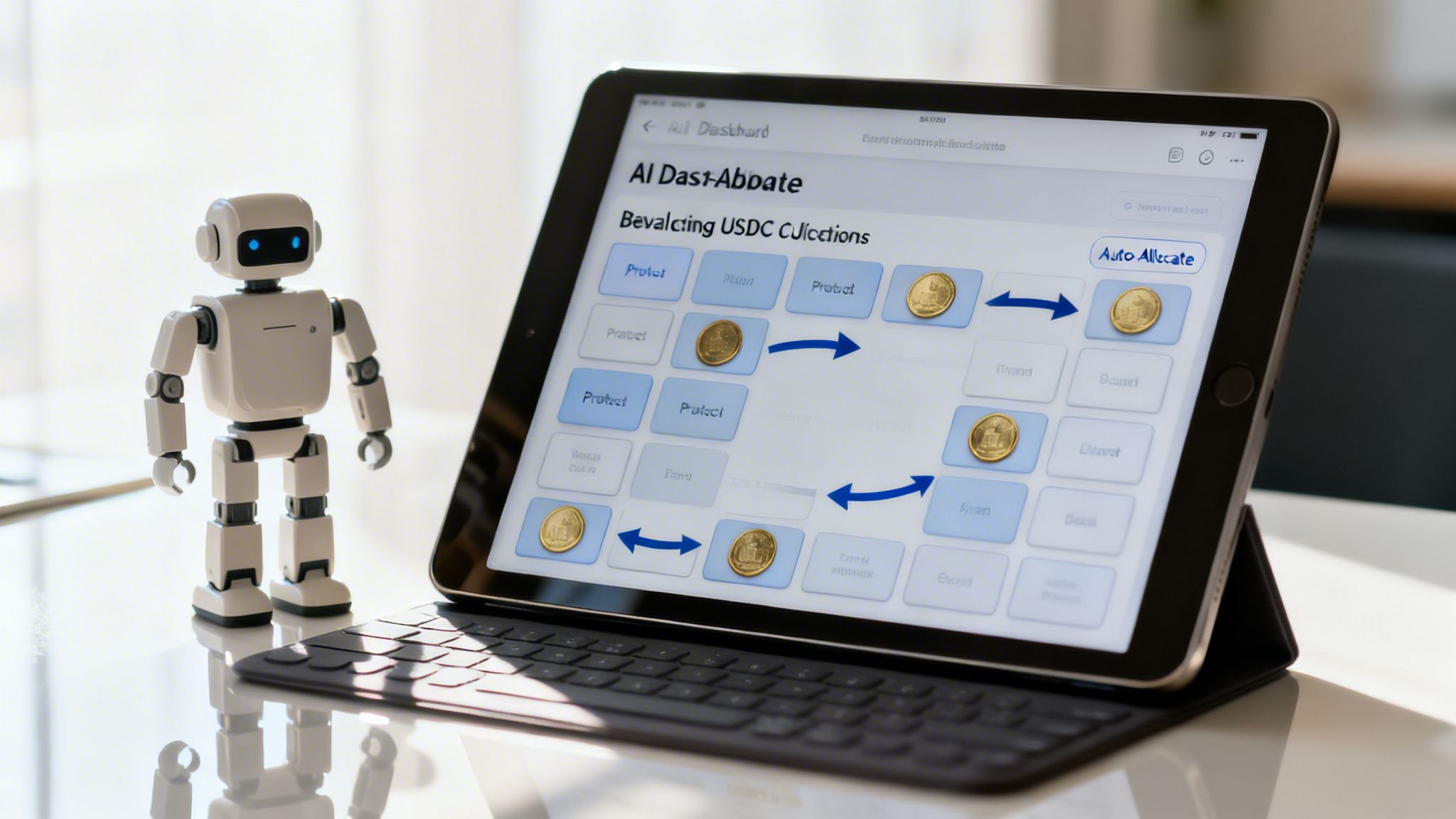 A small white robot stands beside an iPad displaying an AI application for USDC yield optimization.