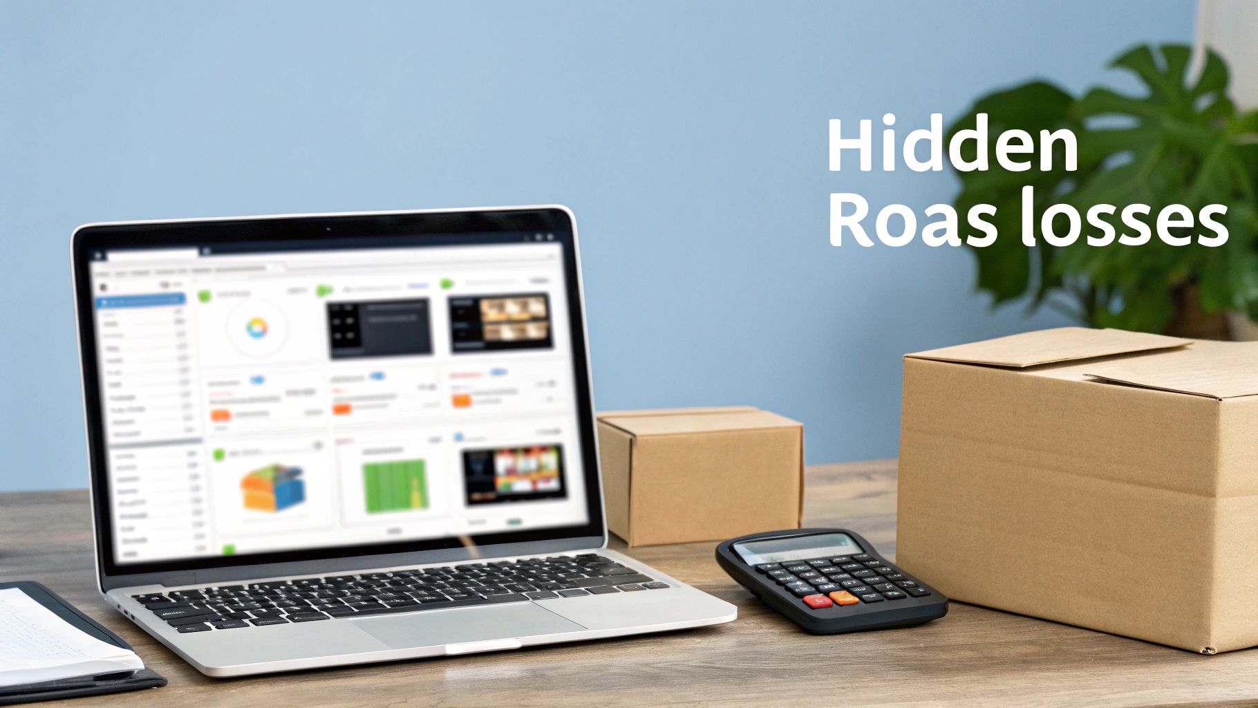 A laptop displaying financial analytics and charts, with a calculator and shipping boxes, highlighting hidden ROAS losses.
