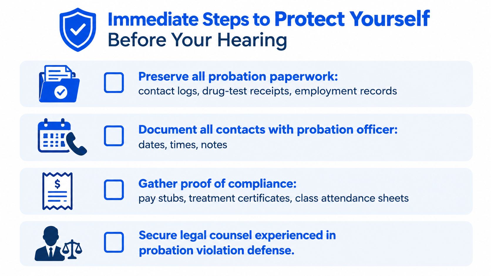 An infographic titled Immediate Steps to Protect Yourself Before Your Hearing listing probation defense recommendations.