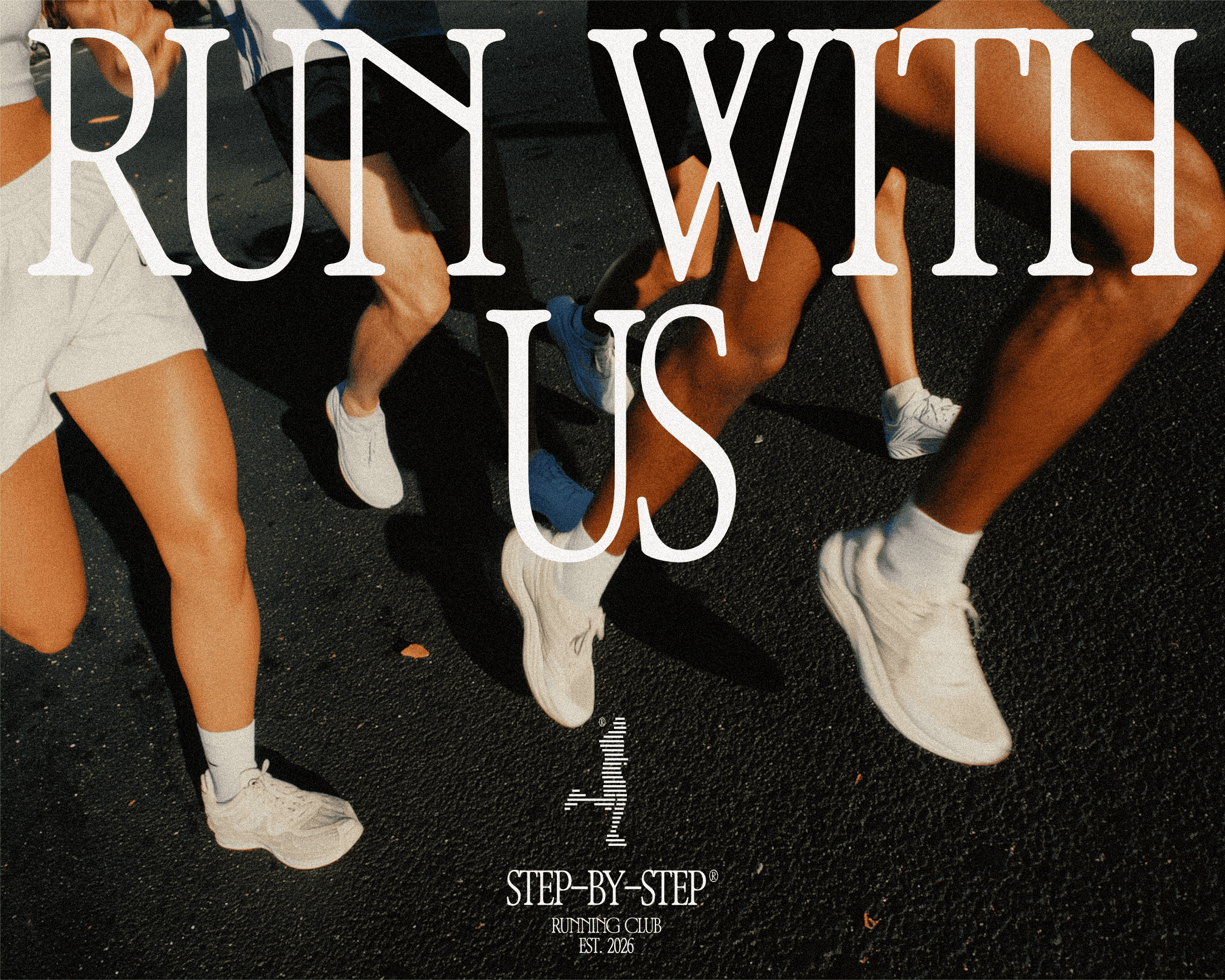 A photo of people running with the words "RUN WITH US" and the Step-by-step Running club logo.