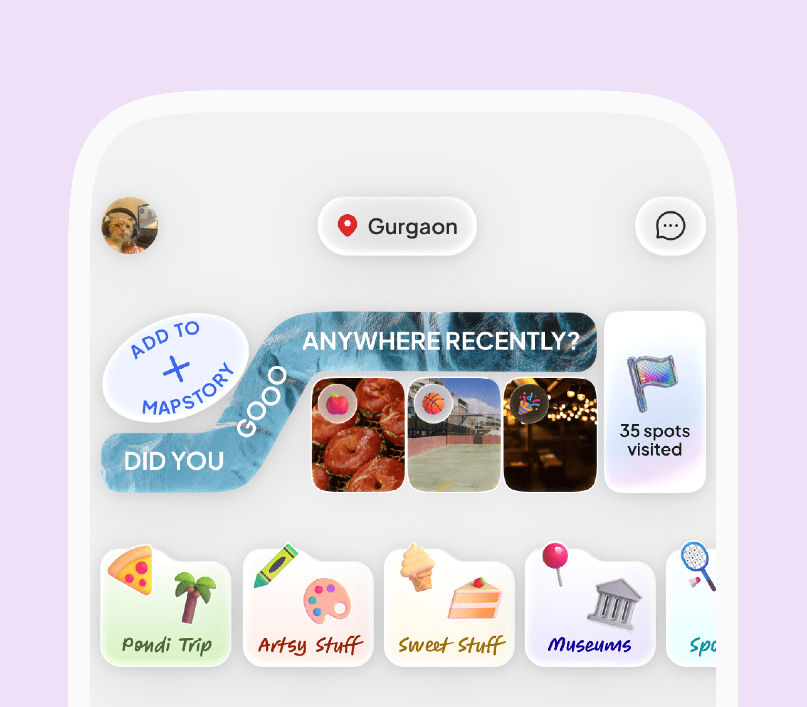 The image depicts a smartphone interface showcasing a travel-themed app, featuring a notification bubble for adding content to a "mapstory," various icons for different trips like "Pondi Trip" and "Museums," and a counter showing "35 spots visited," with the location set to Gurgaon.