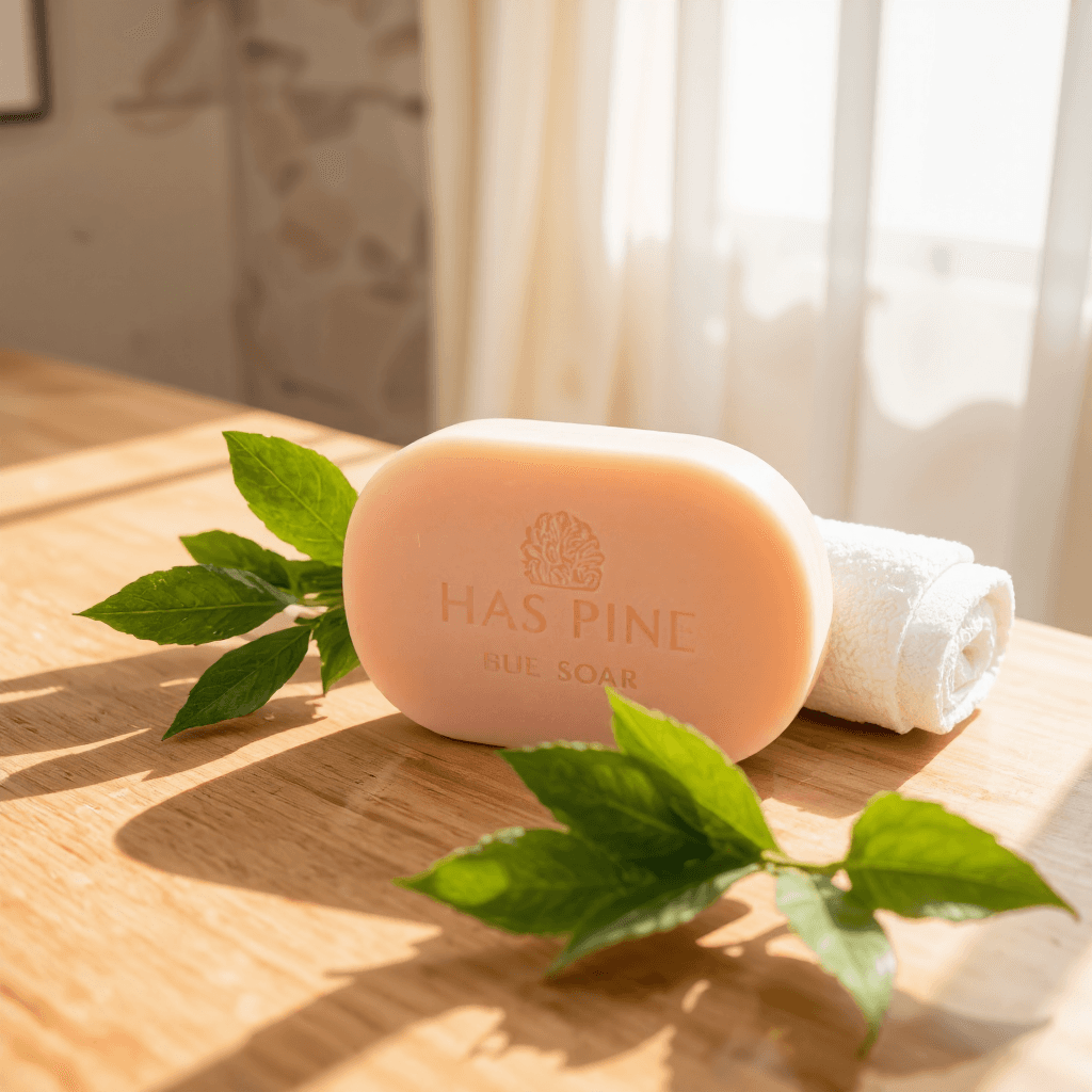 product photography of a bar of soap, used for personal hygiene, with a smooth oval shape and embossed design
