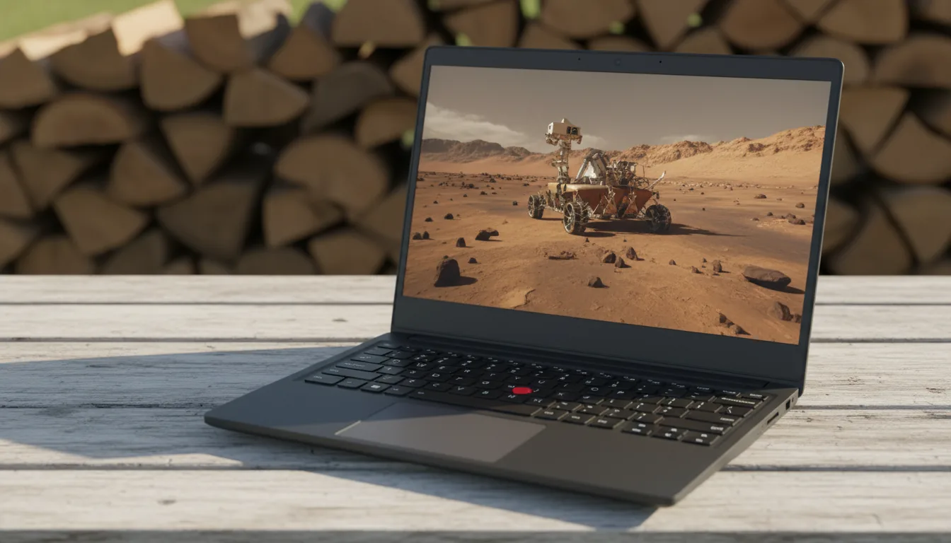DSLR photography of a modern, black professional laptop with a red pointing stick on its keyboard, placed on a weathered, light-colored wooden table outdoors. The laptop is open, its screen displaying a high-resolution image of a Mars rover on a rocky orange landscape. The scene is illuminated by soft, natural daylight. In the background, a stack of firewood logs is beautifully blurred, creating a shallow depth of field with a strong bokeh effect.