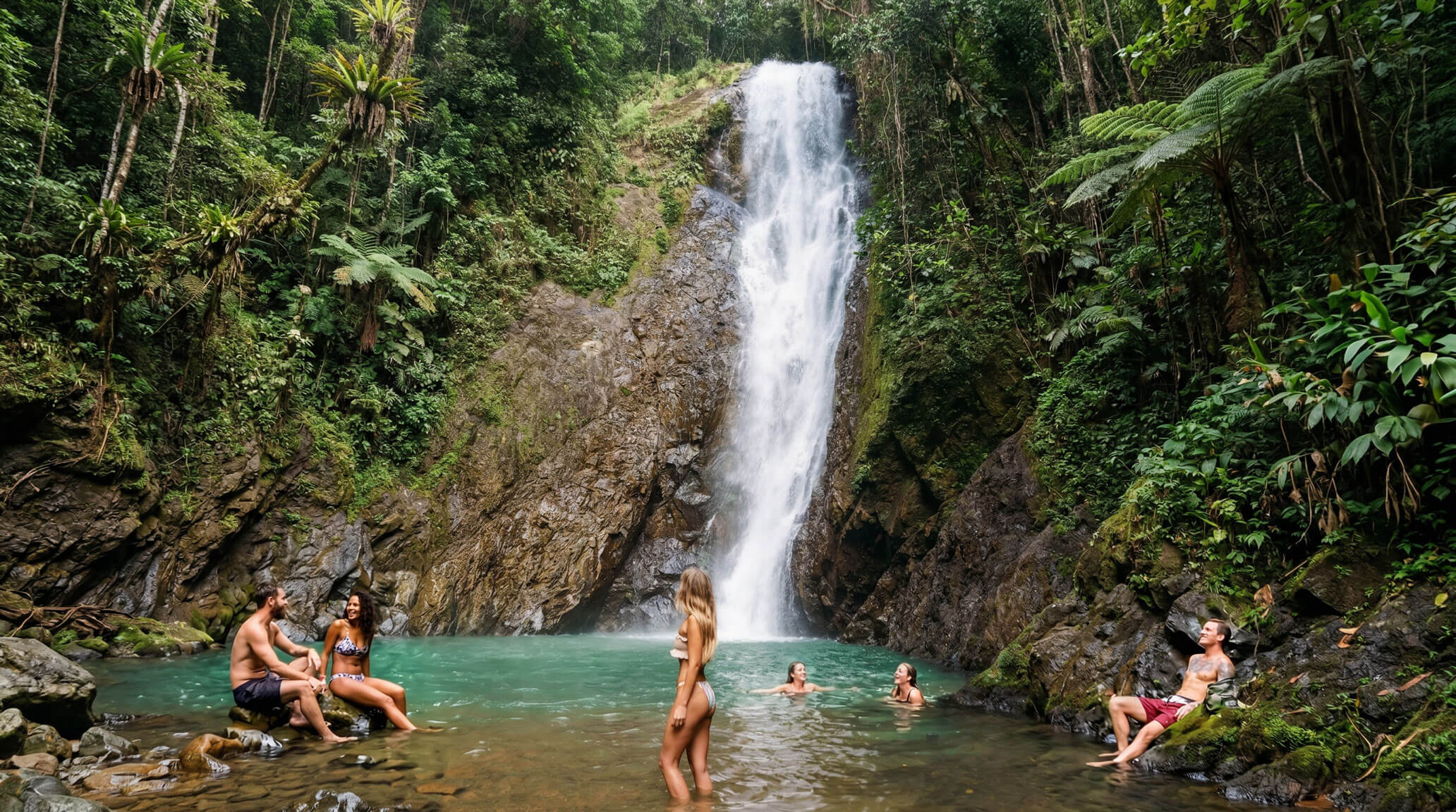 Uprising Beach Resort's vibrant beachfront bar with live music, string lights, and guests enjoying the sunset.