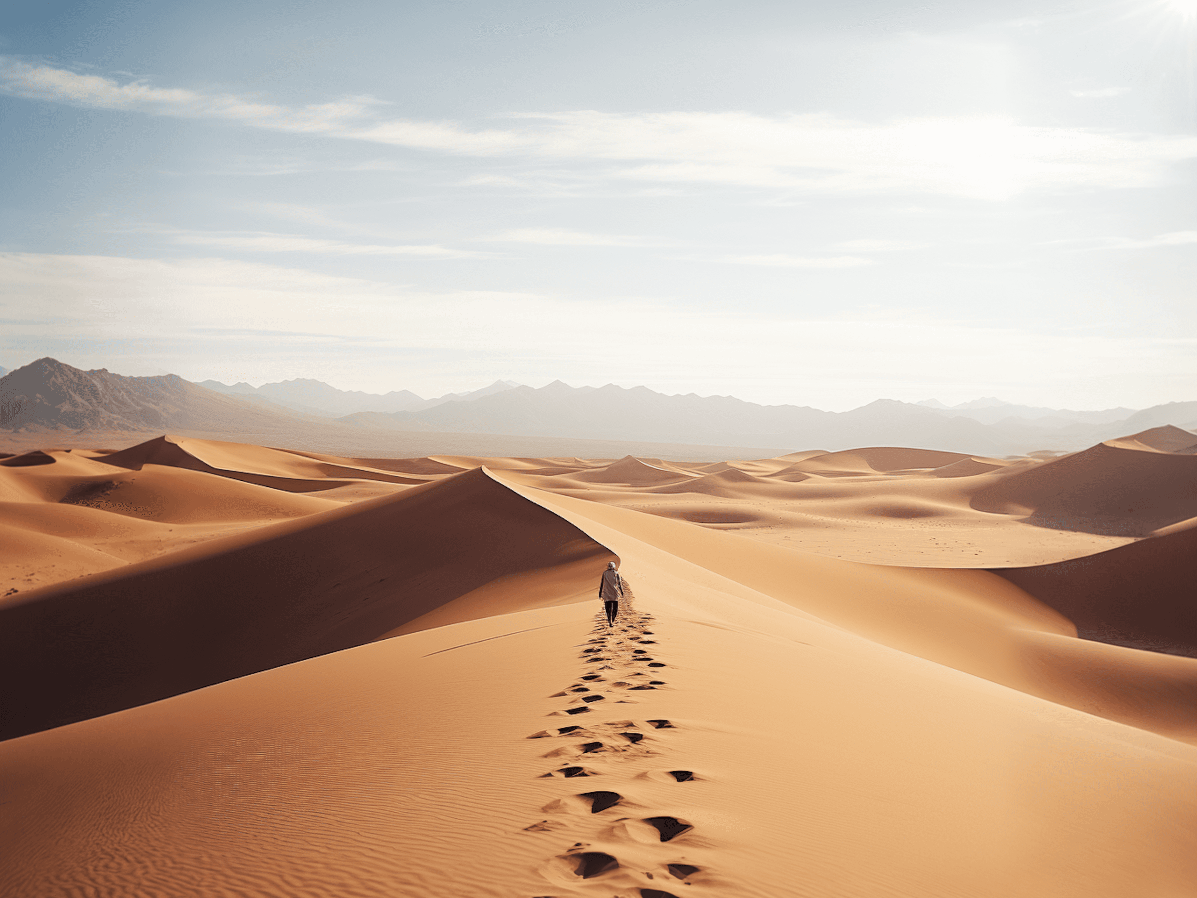 Traveler walking across golden sand dunes in AlUla under morning light.