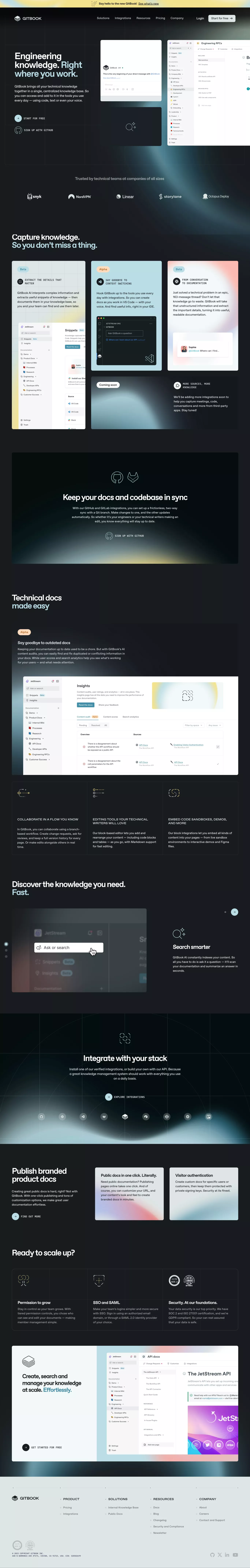 GitBook - Knowledge management for techn landing page screenshot showcasing Tech design