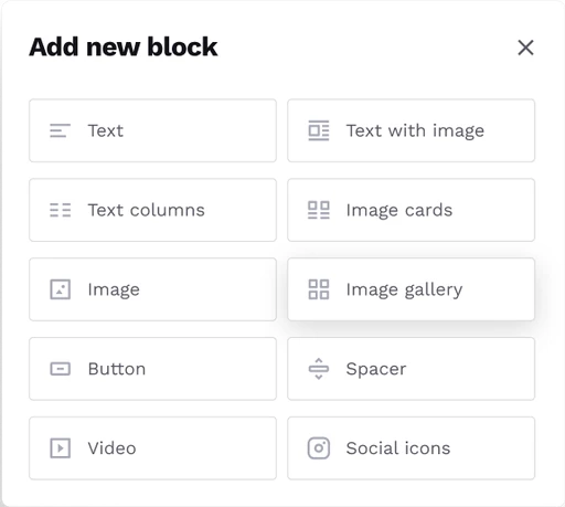 A drag-and-drop block editor with options like images, text, and galleries, highlighting how Copyfolio makes no-code site building effortless.