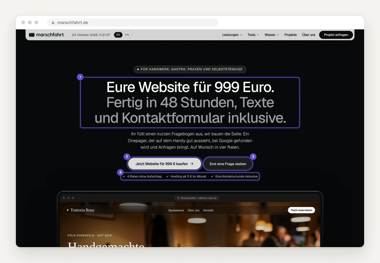 Angebotsseite Website für 999 Euro: Überschrift, Kaufknopf und daneben die Beispielseite der fiktiven Trattoria Rosa als Onepager im Browserfenster