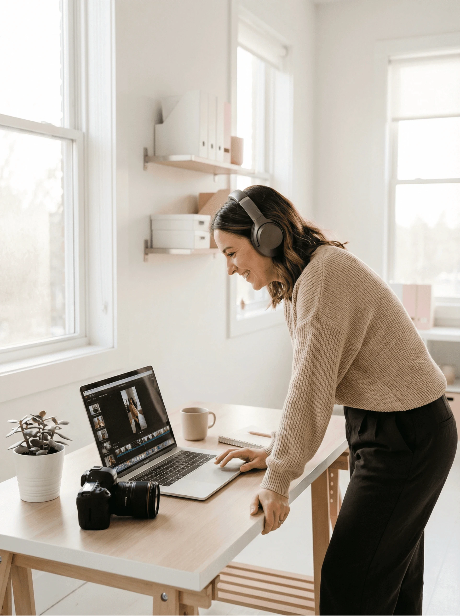 Woman in headphones editing photos on laptop, smiling, camera on desk.