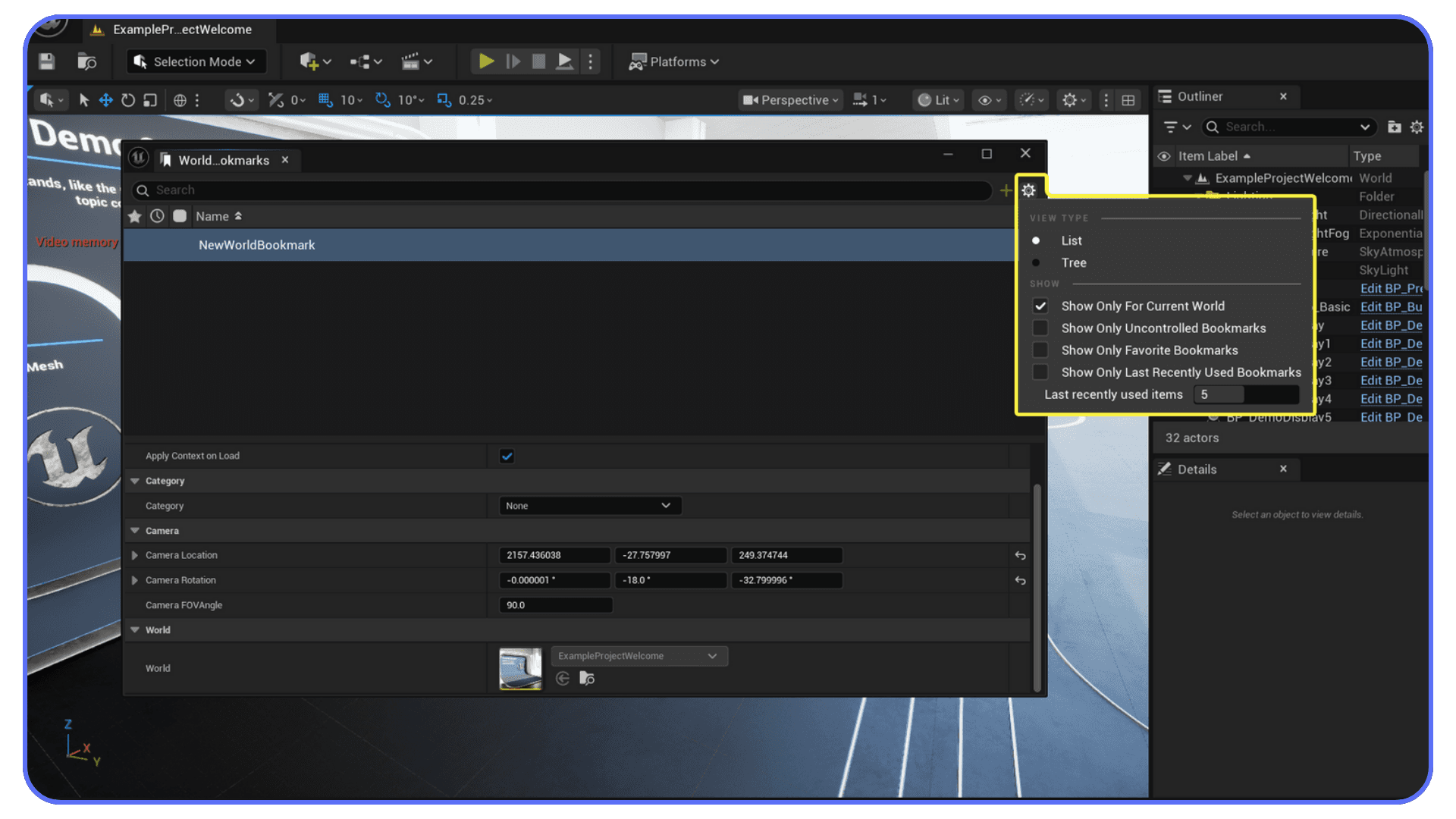 Managing viewport bookmarks for scene navigation in Unreal Engine