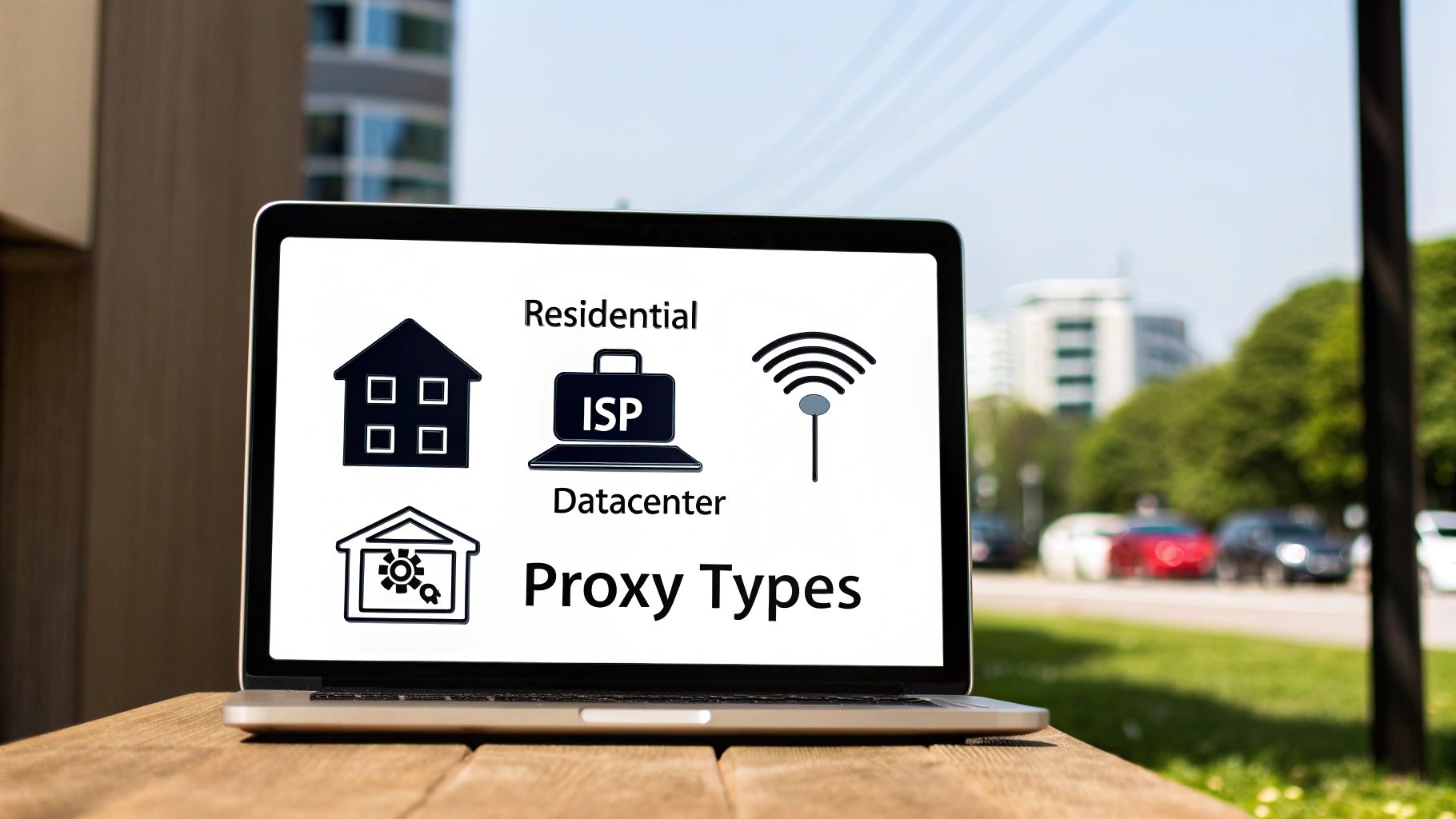 Laptop screen showing 'Proxy Types' with icons for Residential, ISP Datacenter, and WiFi proxies.