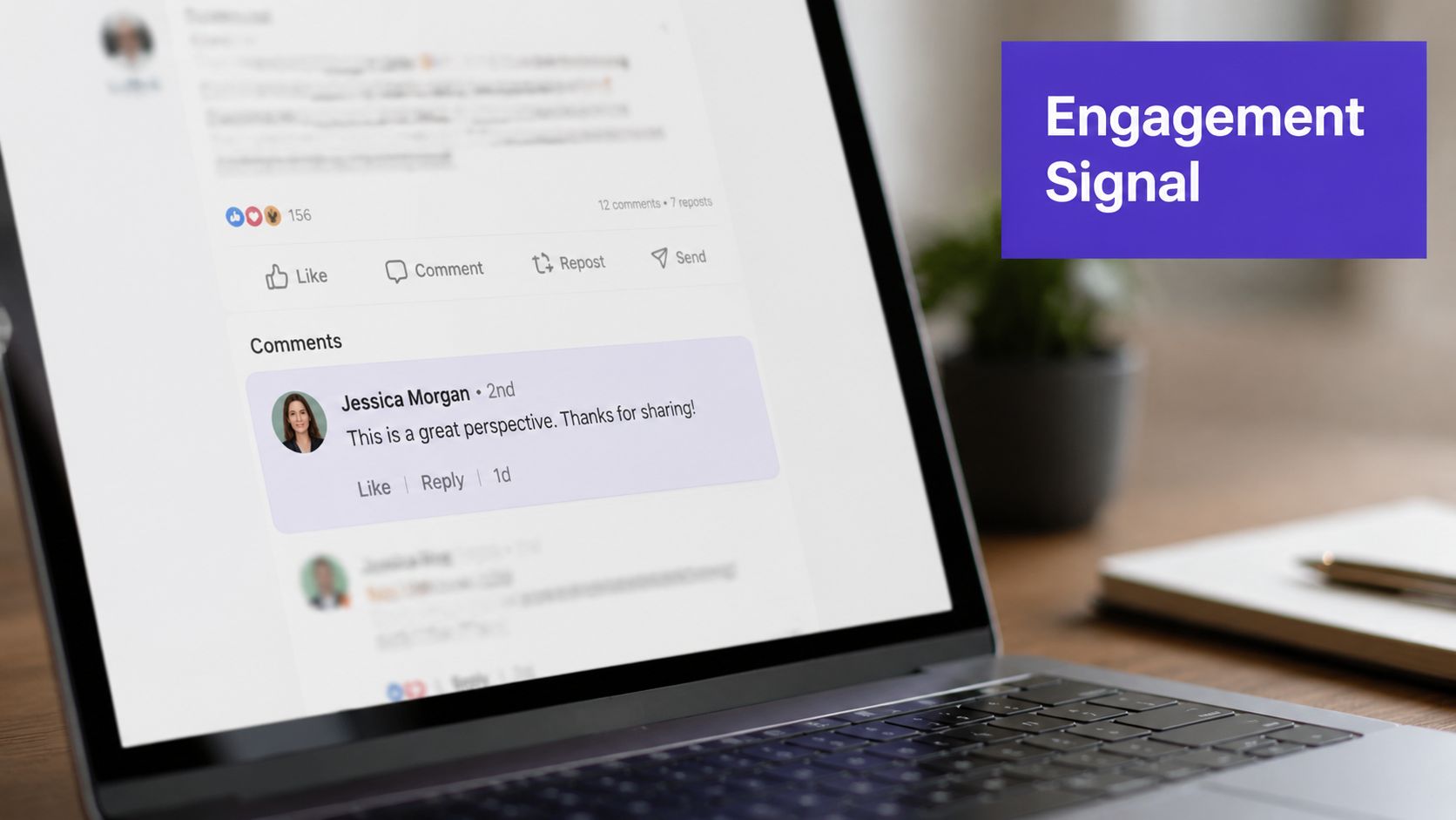 Laptop screen displaying a social media post with a comment section focusing on professional engagement signals.