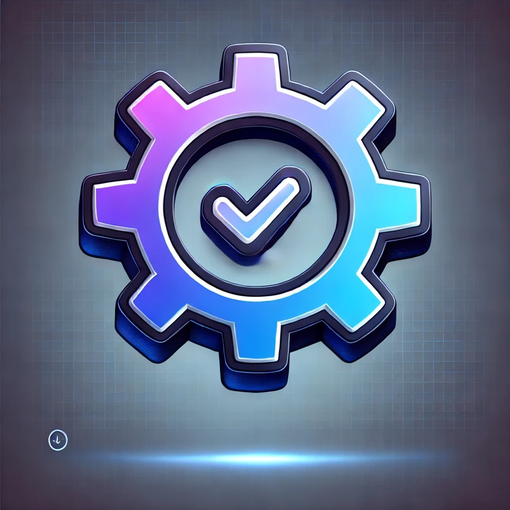 An icon representing optimization_ a gear with a check mark inside, designed in the same modern, sleek style with gradients of blue and purple