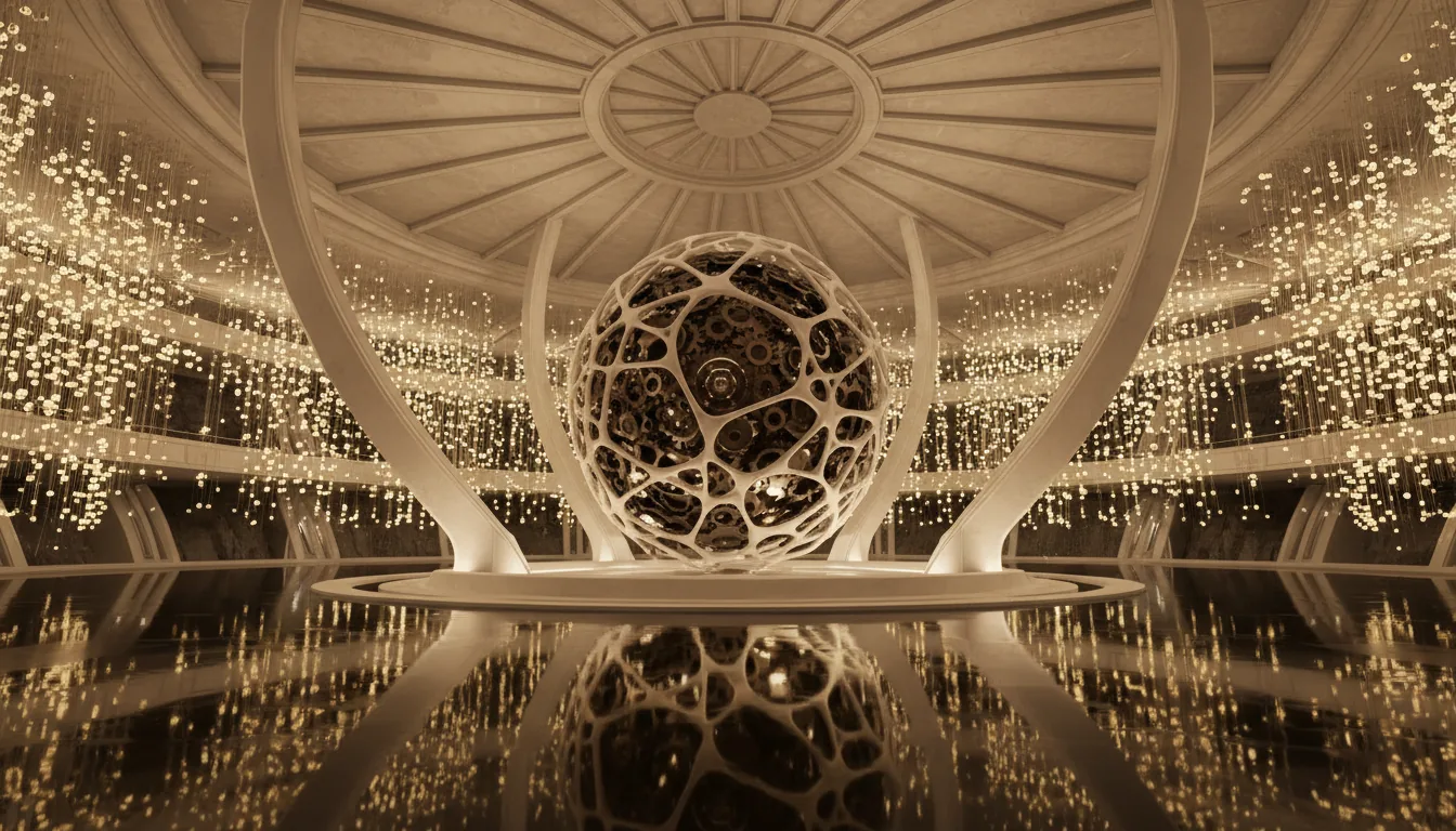 Unreal Engine 5 render of a grand, futuristic circular hall, low-angle wide shot, symmetrical composition. In the center, a large spherical sculpture with an intricate, dark metallic inner core and a surrounding white organic voronoi-style lattice structure. This sculpture is supported by massive, sweeping white arms that connect to a high, radially segmented ceiling. The hall is illuminated by thousands of suspended, warm, glowing orbs creating curtains of light. The floor is a highly polished, dark, reflective surface, creating specular highlights. Soft global illumination, cinematic atmosphere, hyperrealistic detail.
