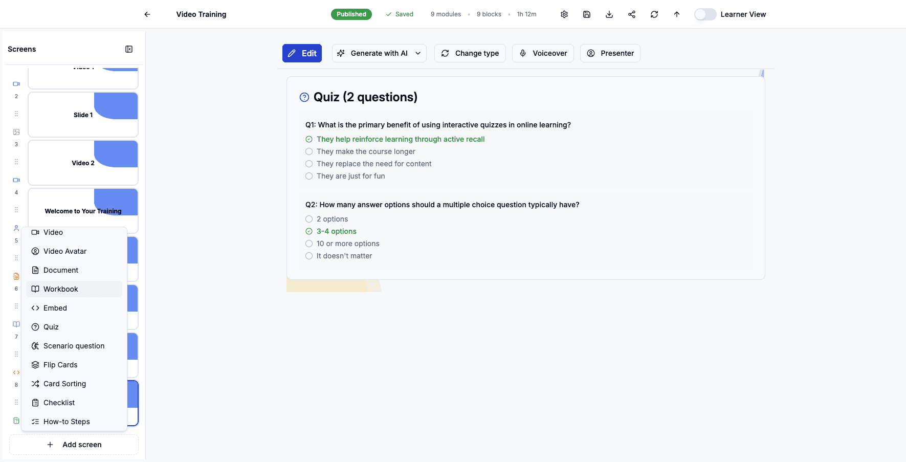 Select Workbook again to add another editable document for learner practice.