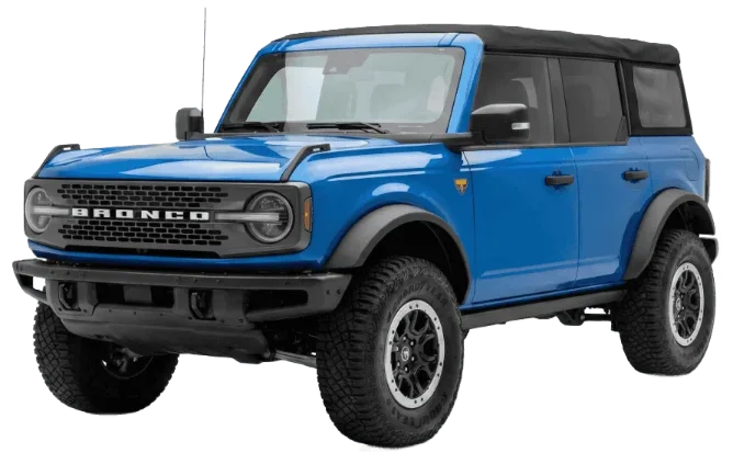 A blue off-road SUV with large tires and a rugged design, positioned at a slight angle.