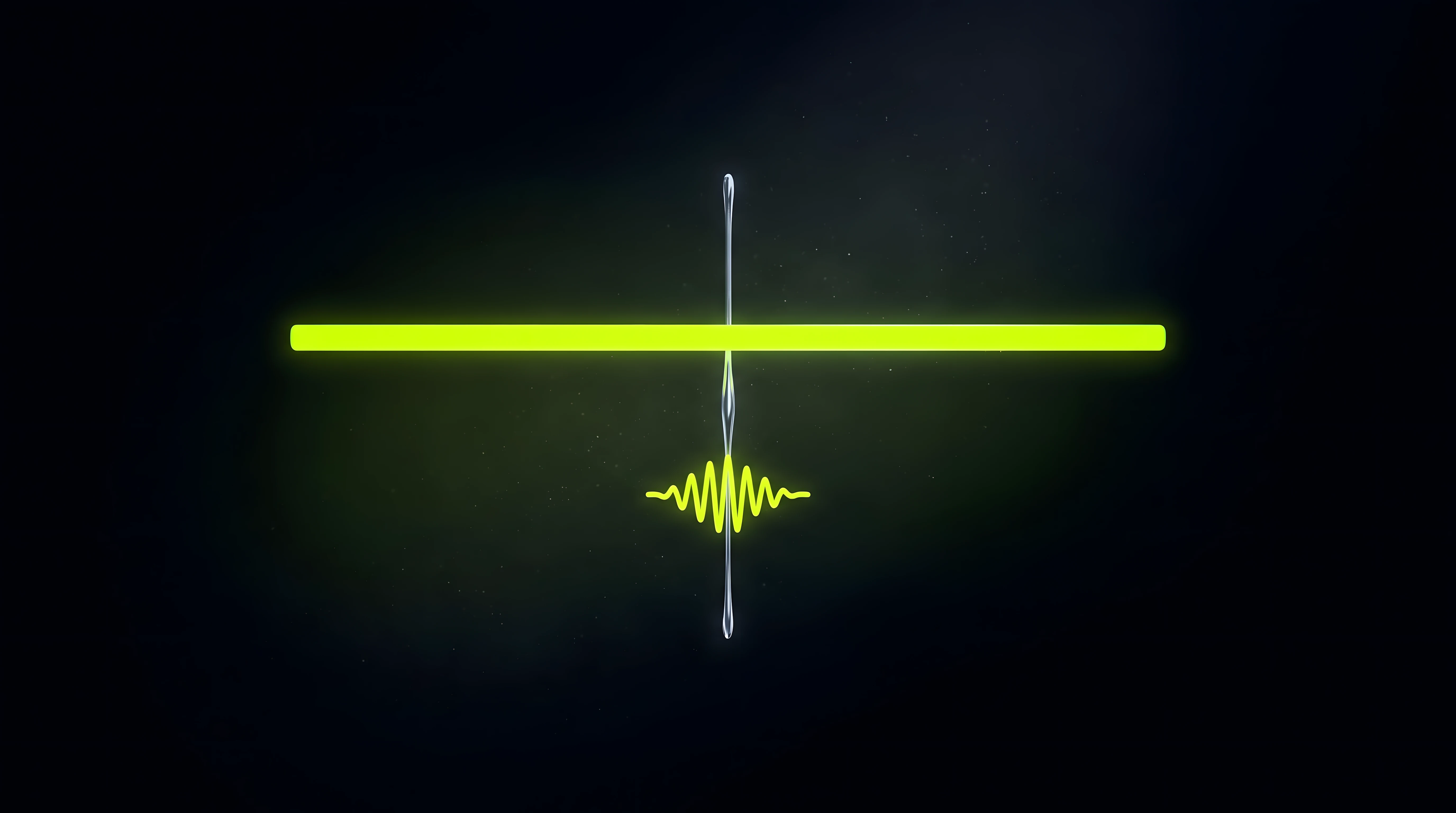 A single toxic lime sentence-shaped bar sitting above a compact waveform on deep void black, chrome connector line between them, representing a written frame placed before a sound plays.