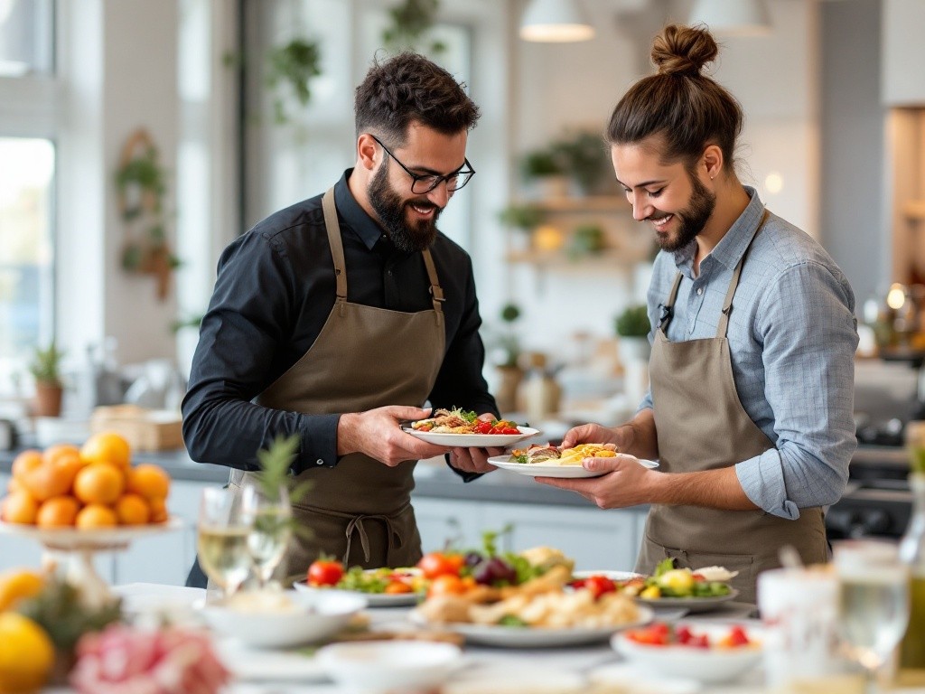 Two men in aprons are carefully carrying plates of food.