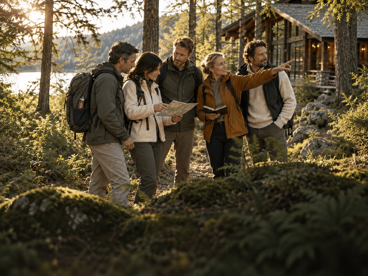 Groupe réuni autour d’une carte près d’une maison en forêt.