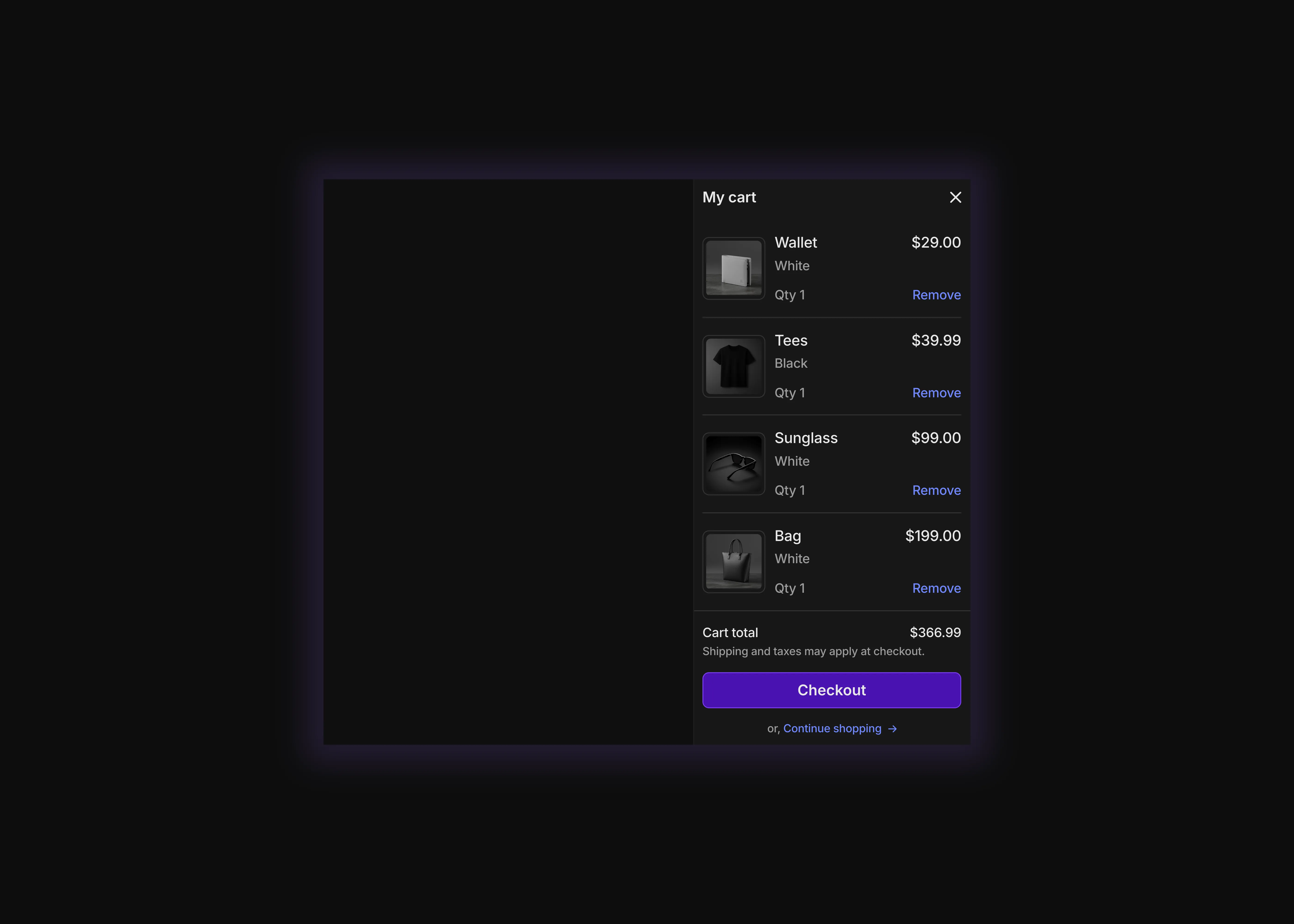 A dark themed shopping cart UI for desktop and tablet devices
