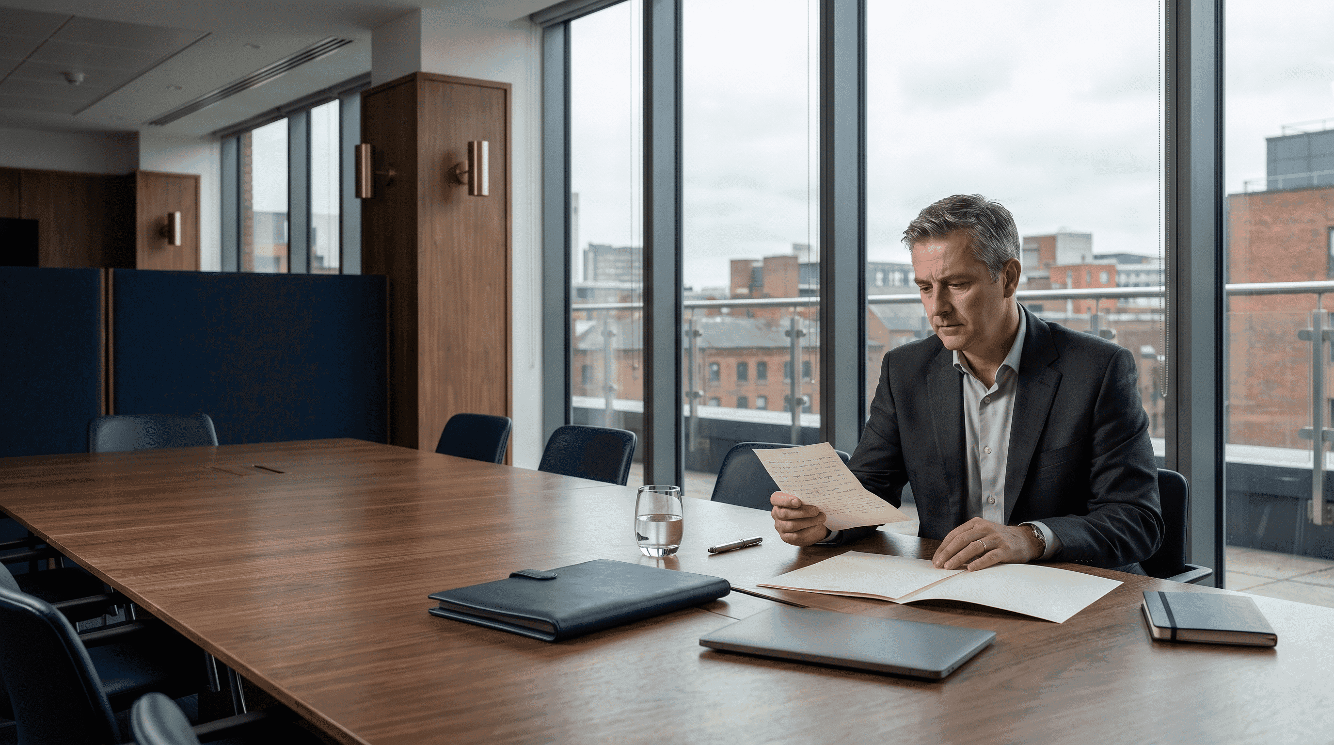 Greater Manchester business owner reviewing undocumented commercial decisions and stalled growth risks with a senior adviser.