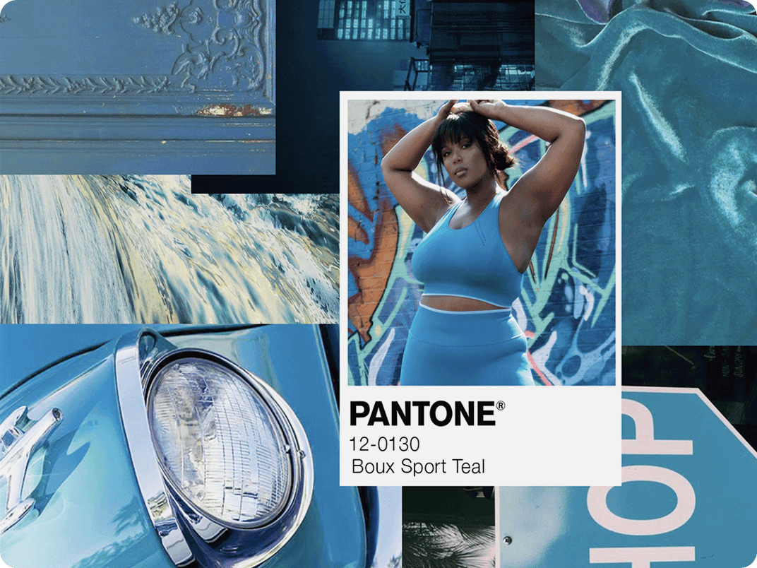 Boux Avenue campaign collage with blue fashion imagery and Pantone card