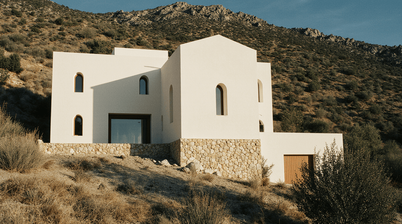 White stone-and-stucco house on a rocky hillside, framed by dry shrubs and rugged mountains in the background.