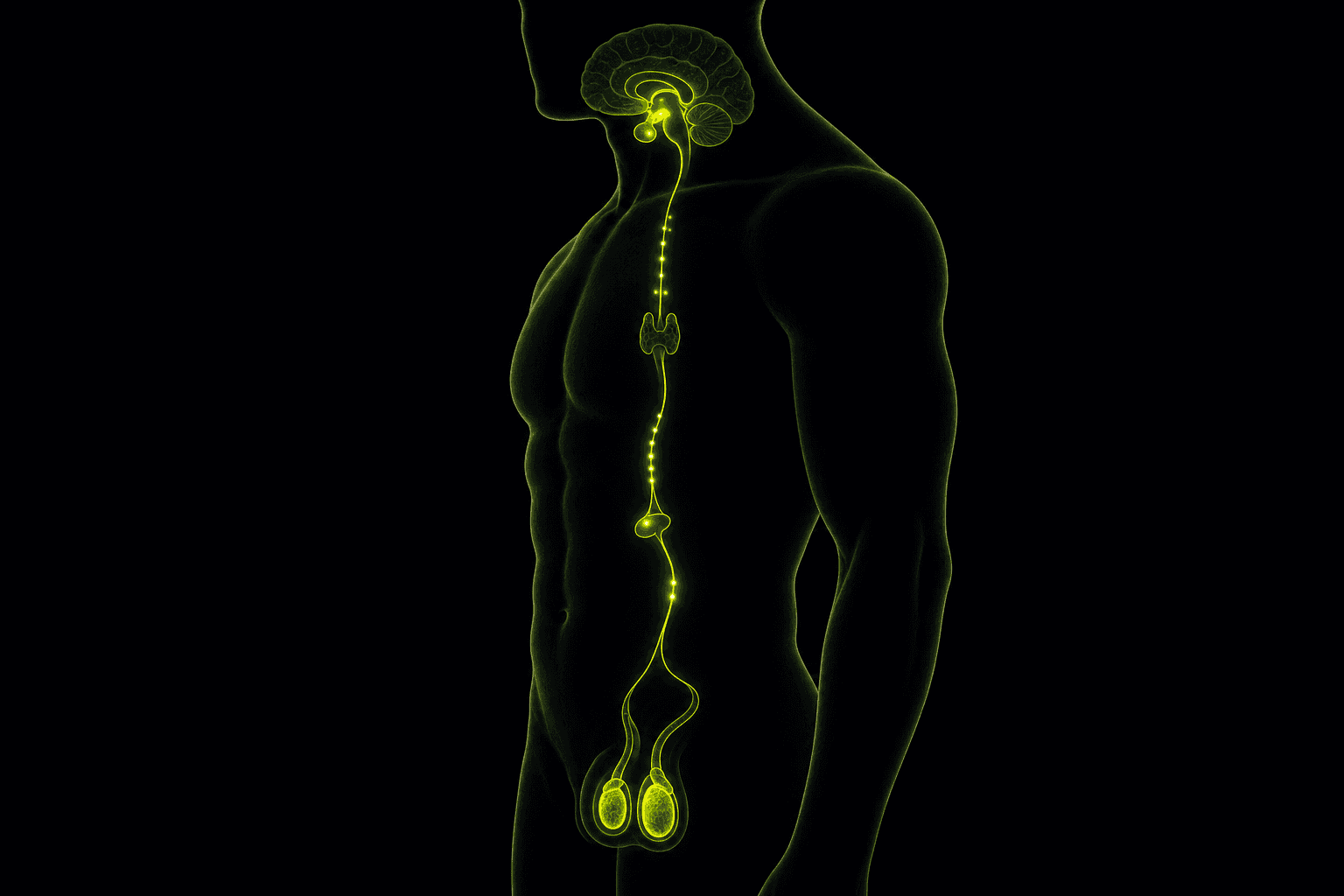 Anatomical illustration of a male torso with the brain, pituitary gland and testes connected by a glowing green pathway.