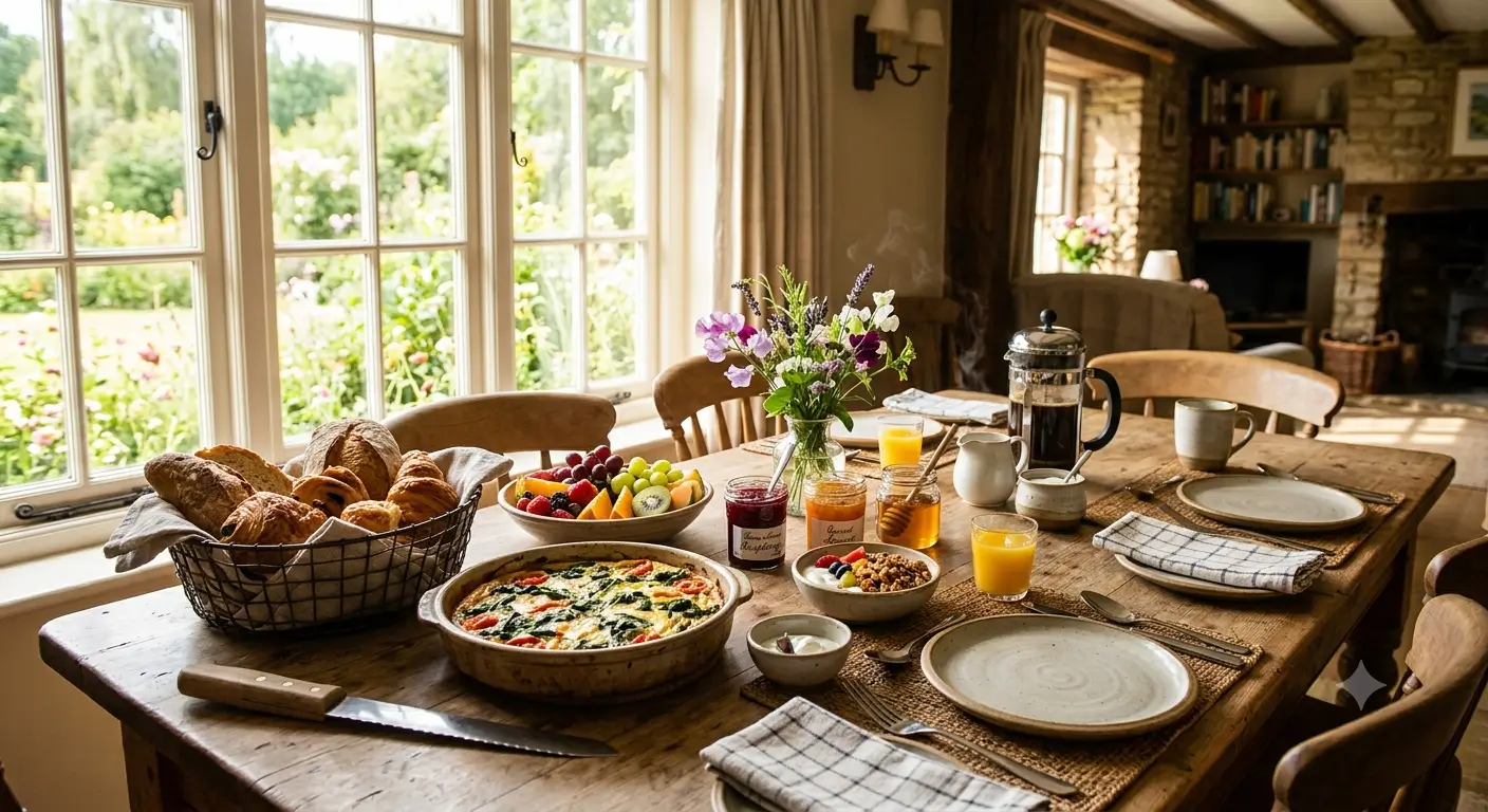 Una mesa de desayuno de B&B junto a la ventana con una frittata horneada, pan fresco, fruta, yogur y café bajo la cálida luz de la mañana.