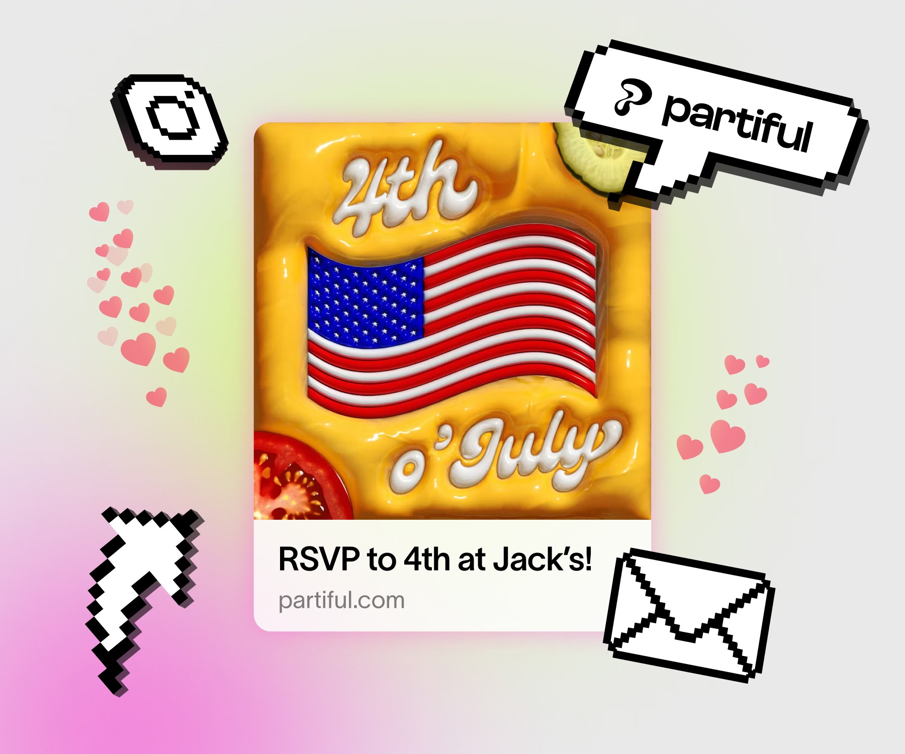 Interactive party invite feature showcasing customizable themes, effects, and presets for personalized event pages.