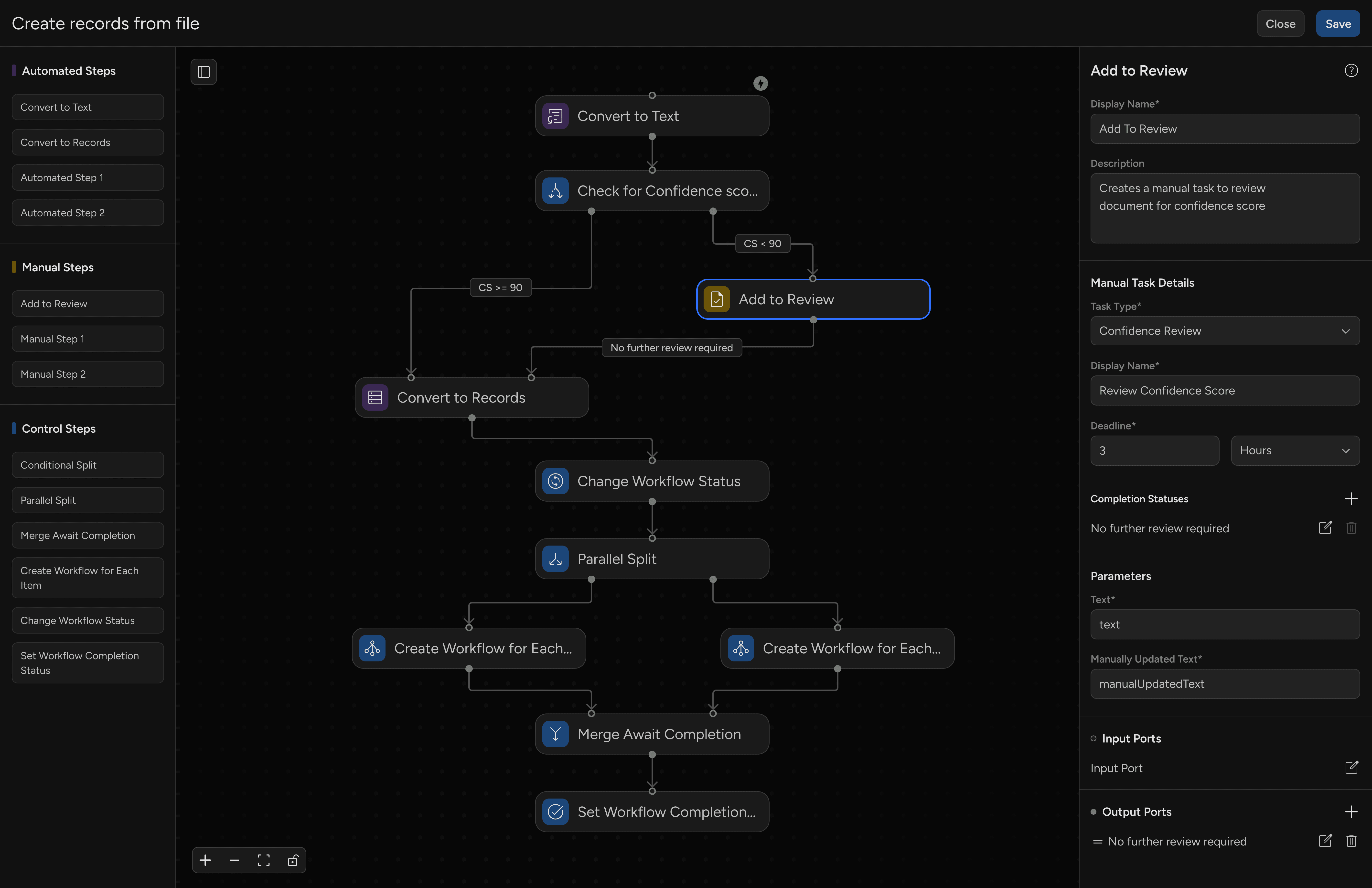 Workflow builder interface for automating record creation with manual review and conditional steps