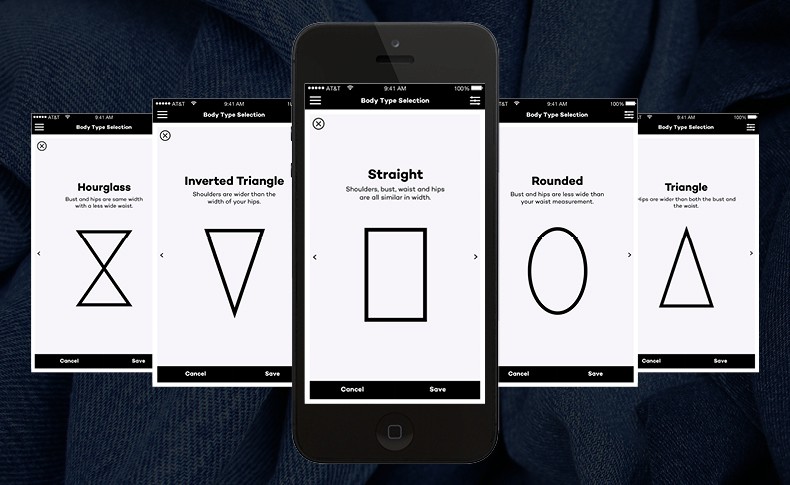 A black iPhone displays five different body type selection screens against a dark blue textured background. Each screen shows a simple black outline of a body shape on a white background, with text describing the corresponding body type: "Hourglass," "Inverted Triangle," "Straight," "Rounded," and "Triangle." Each screen includes "Cancel" and "Save" buttons at the bottom.