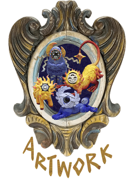 artwork portfolio section button, with image of an antique carrousel frame containing Celestial Wards Series ceramic sculpture set