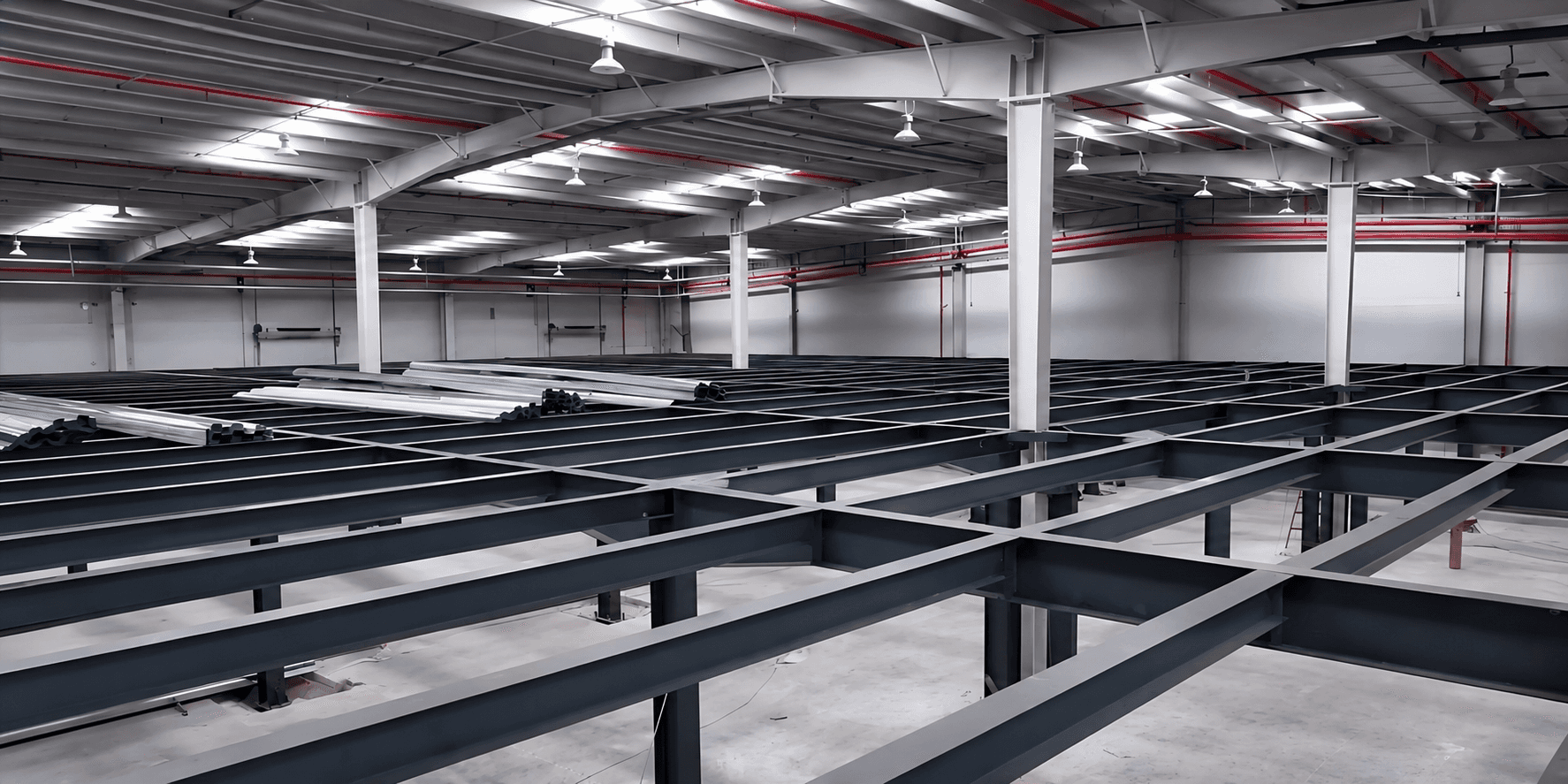 Steel mezzanine platform structure inside an industrial building