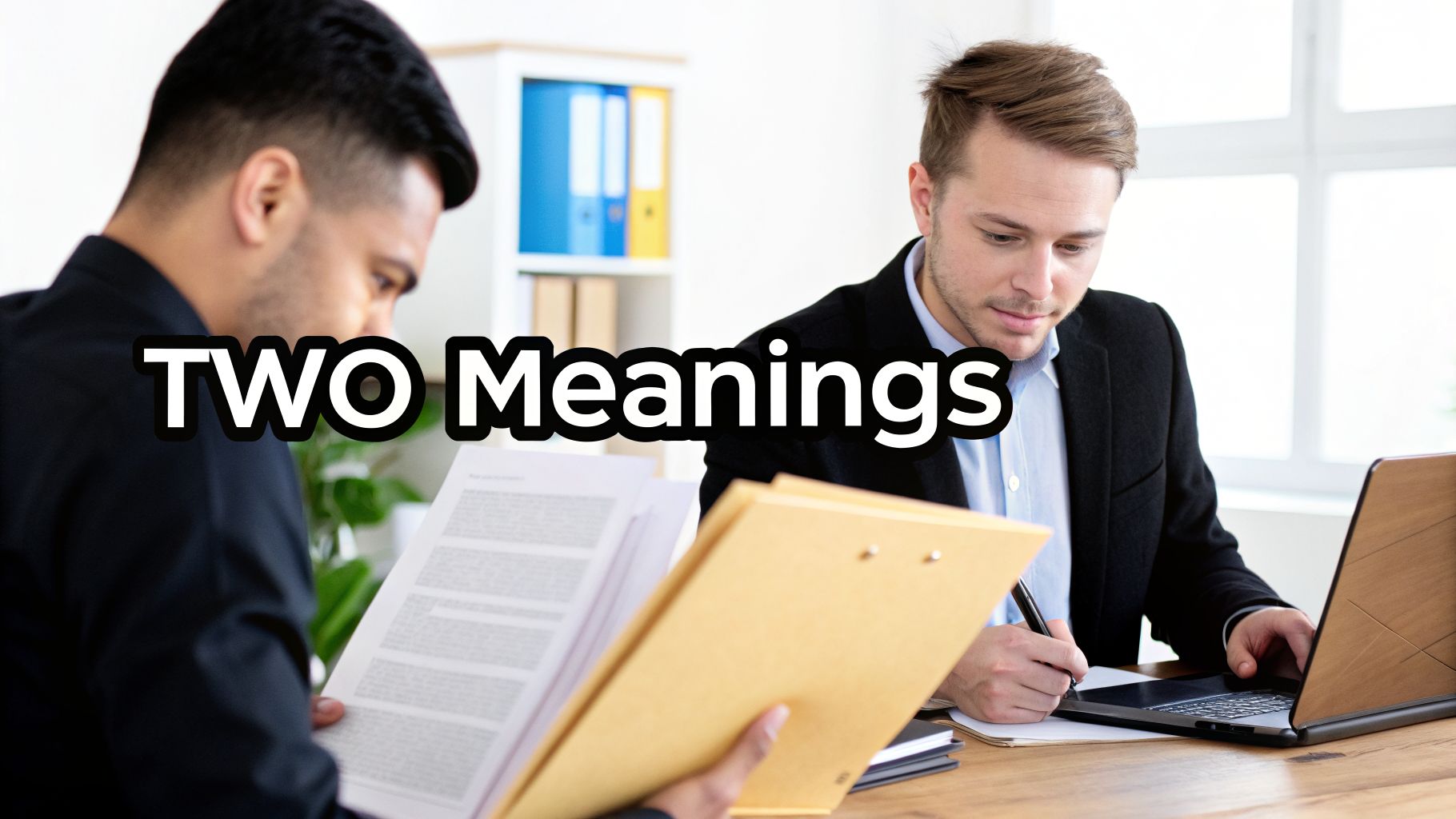 Two businessmen review documents and work on a laptop during an office meeting.